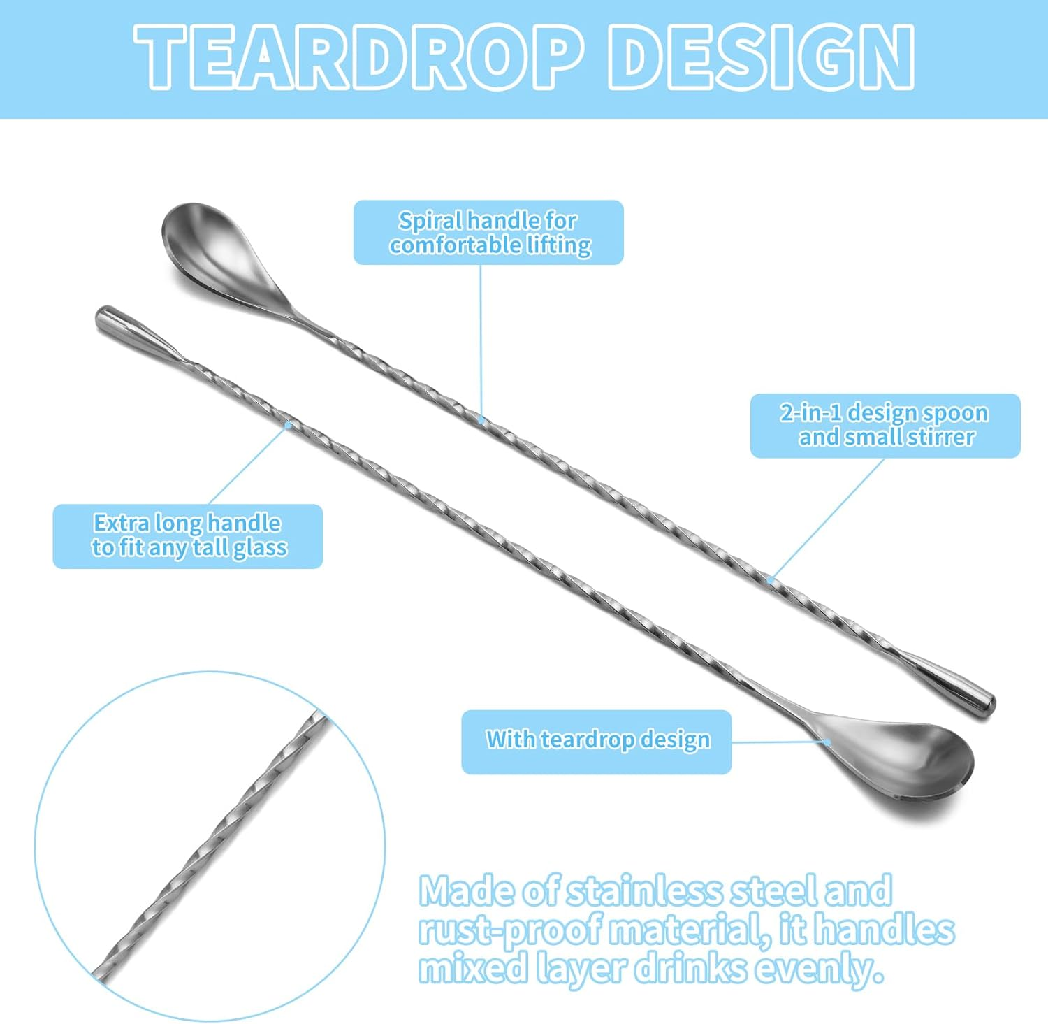 6 Pcs 12 Inch Bar Mixing Spoon Cocktail Spoon Stainless Steel Bar Long Spoon with Spiral Pattern image number 3