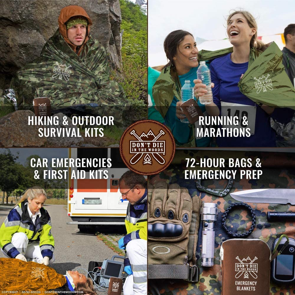 Don'T Die in the Woods - Freakin&rsquo; Huge Emergency Blankets [4-Pack] Extra-Large Thermal Mylar Space Blankets with Ripstop Nylon Stuff Sacks + Carabiner Zipper Pack [Woodland Camo]
