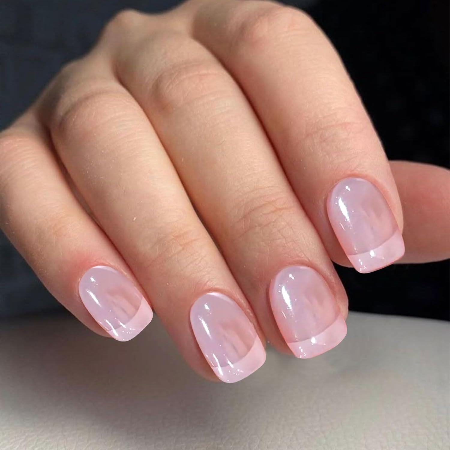 Lunarcharm 24 Pieces French Tip Press-On Nails, Short Square False Nails, Glossy Nude Pink, Reusable Full Cover Artificial Nails image number 4