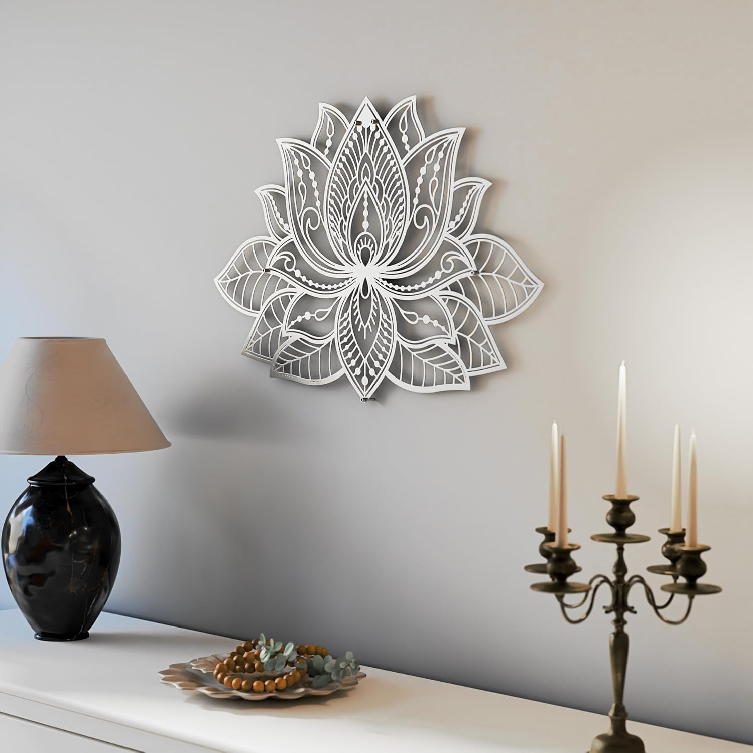 Iwa Concept Mandala Metal Wall Decor, Lotus Flower Meditation Room Decor, Minimalist Zen Garden Bohemian New Year (26.3" X 17" | 67 X 43 Cm, Silver) image number 4