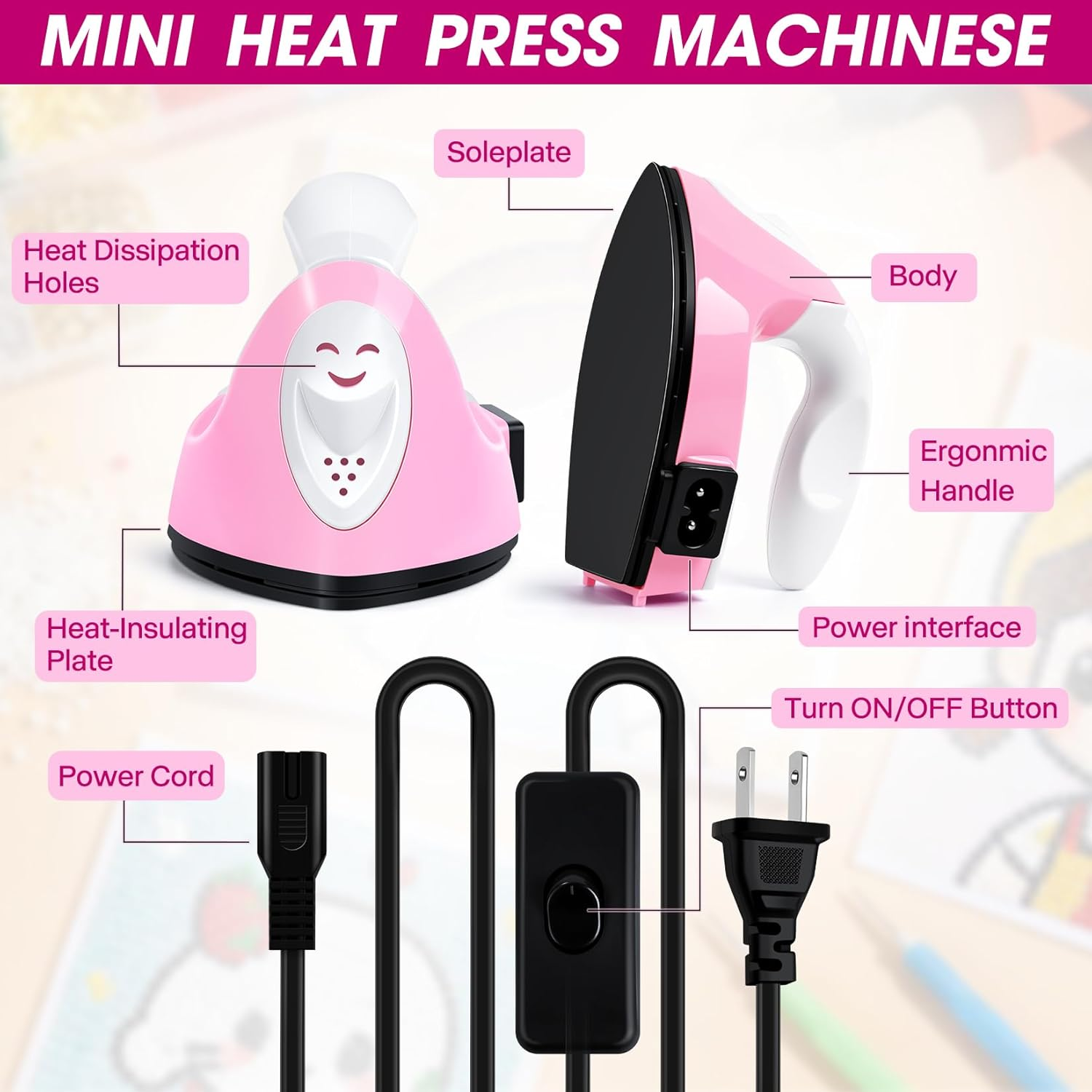 Mini Craft Iron, Pink Mini Heat Press Machine, Portable Travel Handy Heat-On for DIY Transfer Projects, Crafting Clothes image number 1