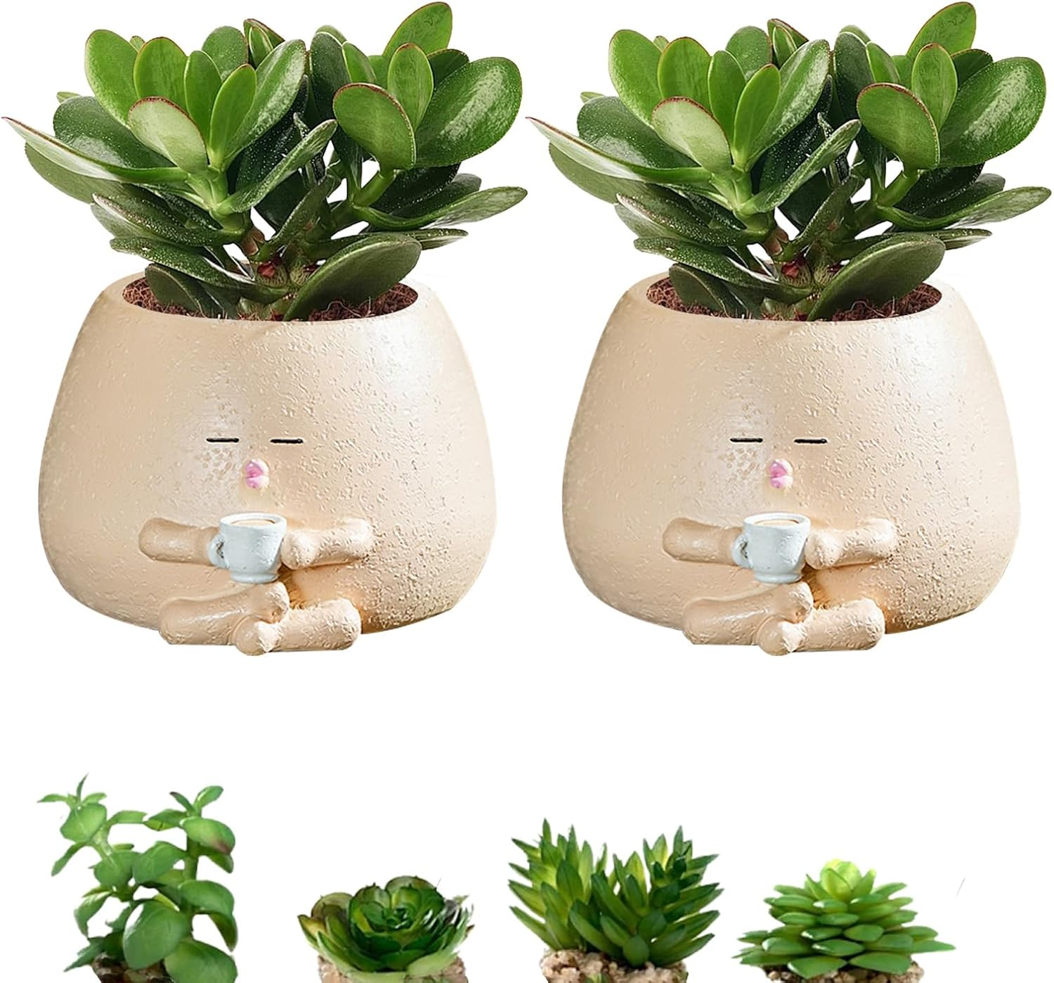 2Pcs Smiley Face Planter Pot, FHDUSRYO Cute Resin Flower Head Planters for Indoor Outdoor, Unique Sit Succulent Pots with Drainage Hole for Mothers Day, Teacher, Plant Lovers (Coffee, 14X8.5Cm) image number 2