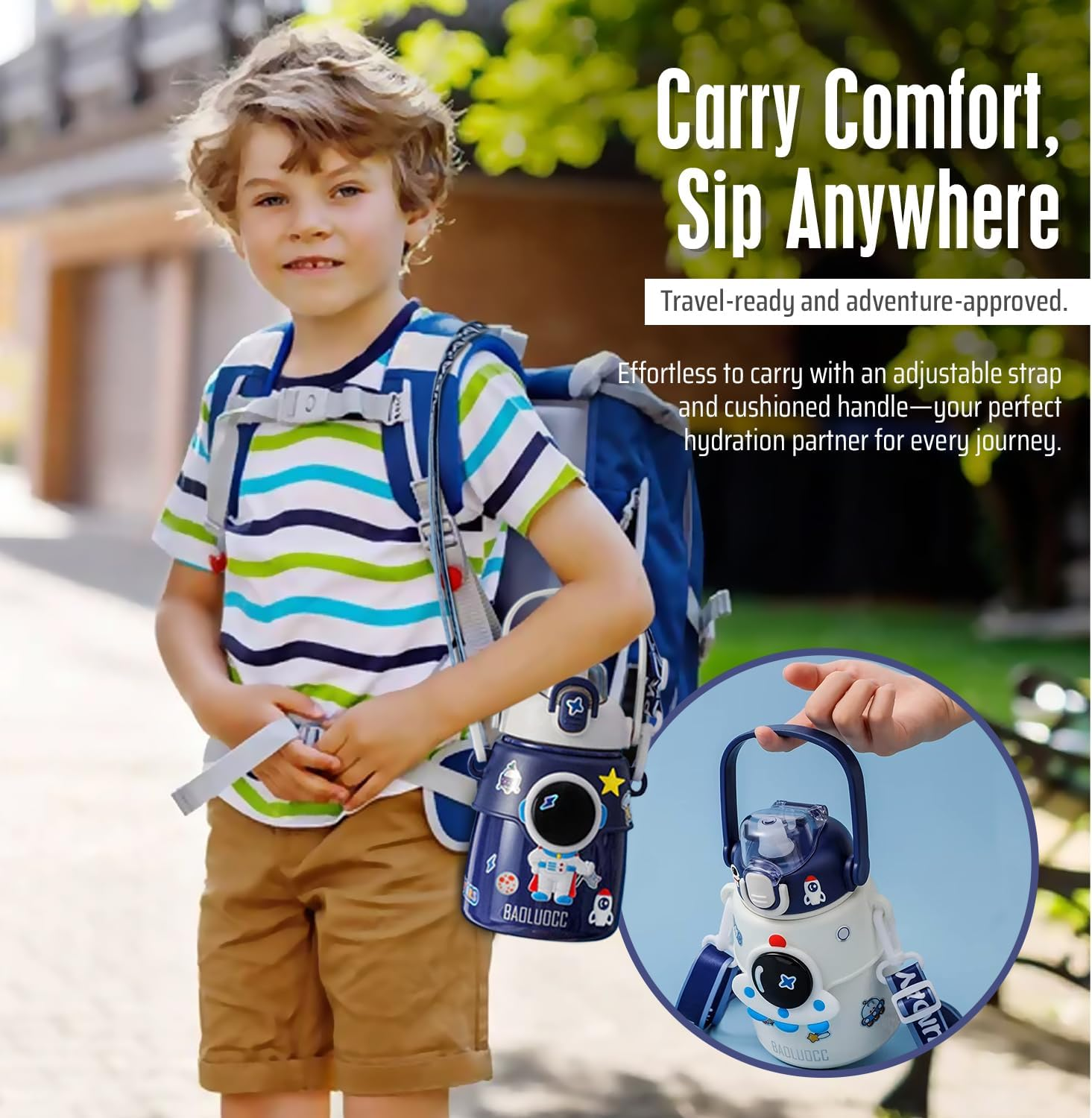 Outer Space Kids Water Bottle &ndash; 850Ml Leakproof Stainless Steel Thermos with Straw Lid, Strap & Stickers &ndash; Insulated Double Wall Bottle Keeps Drinks Cold 24H / Hot 12H for School & Travel - Blue