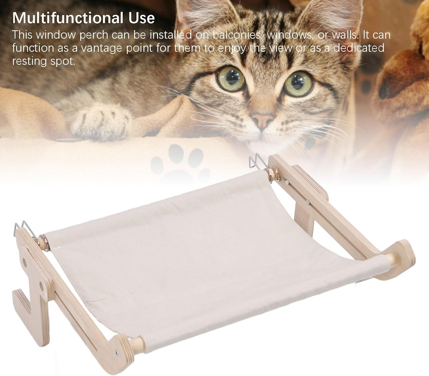 Depisuta Cat Window Perch, Sturdy Wood Frame Cat Sill Window Perch, Large Hammocks Bed Shelf, Wall Mount Bedside Hammock for Indoor Windowsill Sleeping, Climbing and Playing (Gray)