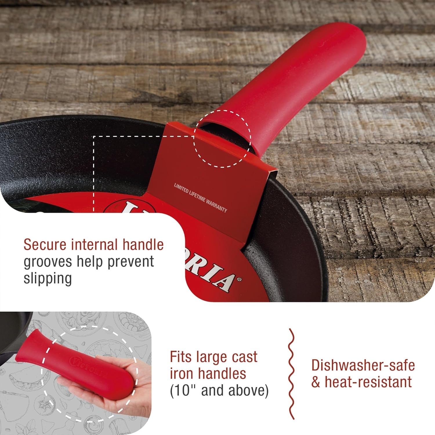 Victoria Silicone Cast Iron Handle Cover. for 10 to 12 Inch Skillets, Large, Red image number 6