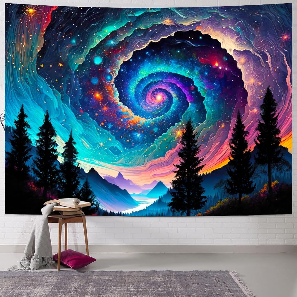 Galaxy Space Tapestry Colorful Starry Sky Tapestry Trippy Mountain Tapestries Misty Forest Tapestries Fantasy Landscape Wall Hanging Decor for Home image number 1