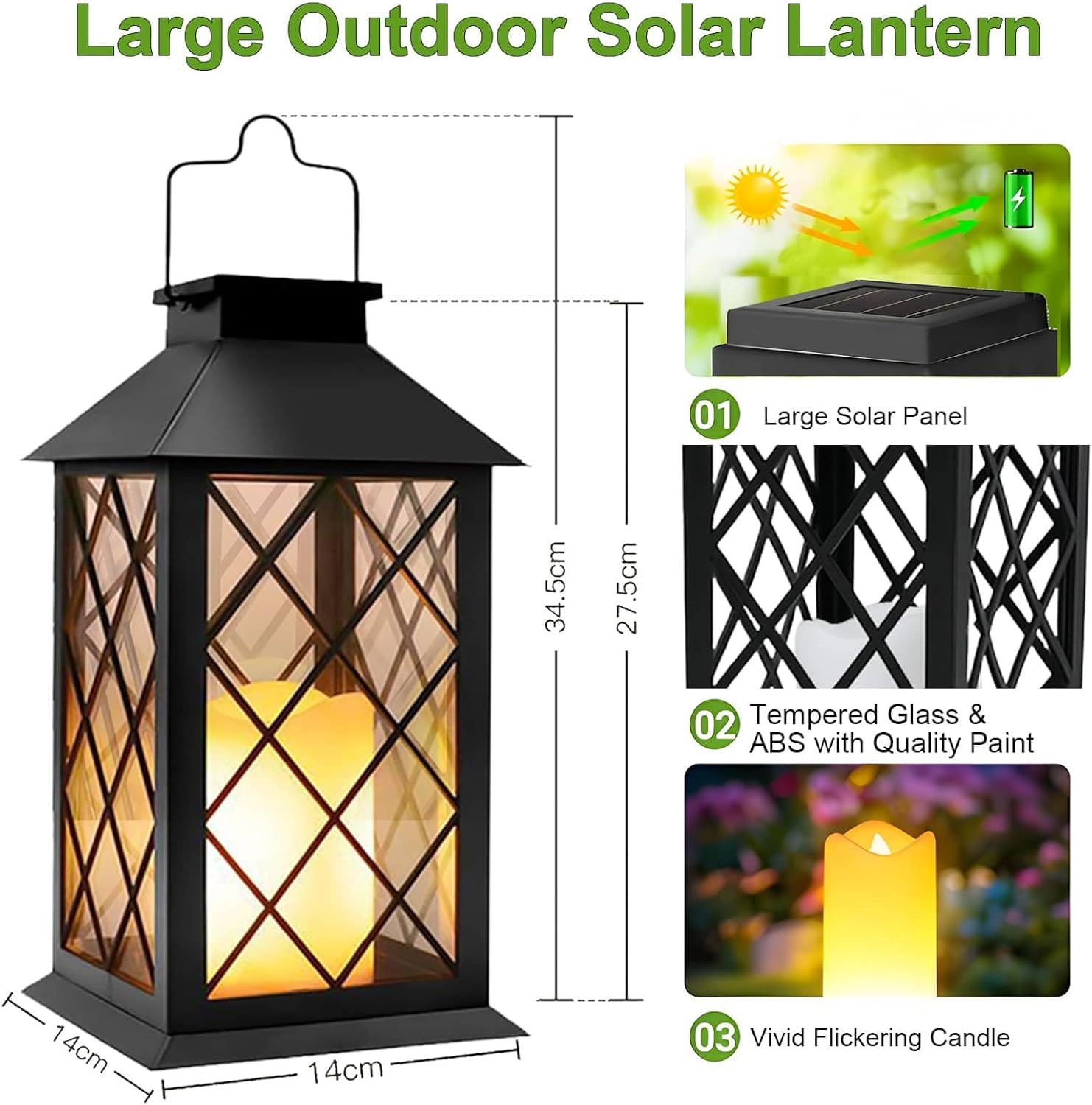 Yowin Solar Lanterns for Outside, Large Garden Lanterns with Flickering Candle, Hanging Garden Gifts, Outdoor Waterproof Solar Ornaments for Balcony Patio Vintage Wall Decorations - Black image number 4