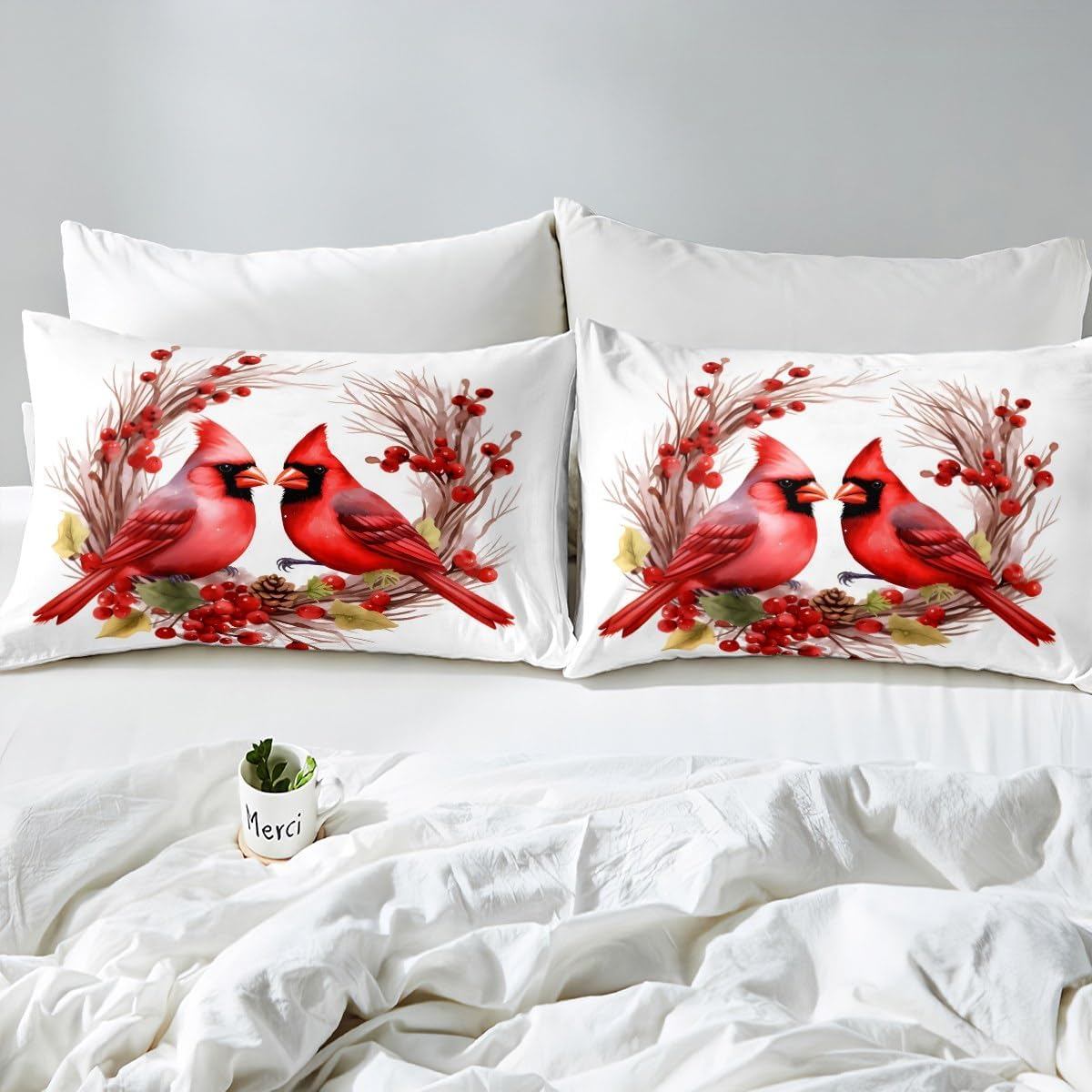 Jejeloiu Red Cardinals Bedding Set Full Size Kids Pine Cones Comforter Cover Set for Boys Girls Teens Cute Birds Duvet Cover Romantic Love Bedspread Cover Room Decorations Quilt Cover image number 1