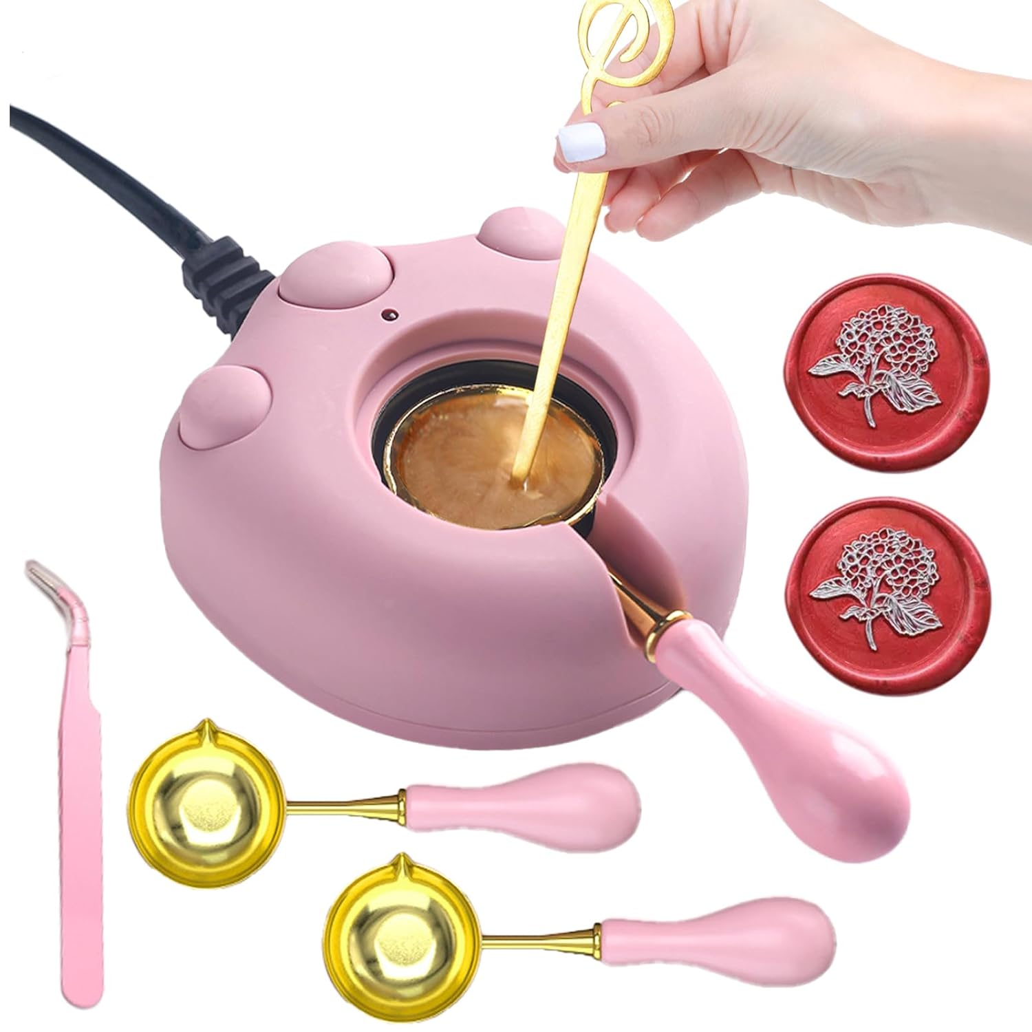 Andotopee Electric Wax Seal Warmer Kit with Melter, 2Pcs Spoon, Tweezers, Stir Pin for Fast Melting Beads Sticks, Envelope Stamp Seals Craft, Pink image number 6