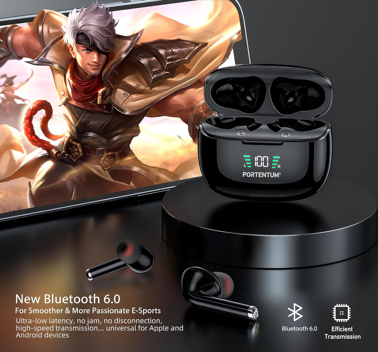 PORTENTUM Wireless Bluetooth 6.0 Headphones - Hybrid ANC + ENC Noise Cancelling - Battery Life 60H - In-Ear Touch Control IPX6 Waterproof - LED Indicator - Hifi Bass 10 Mm - Comfortable Fit - USB-C image number 4