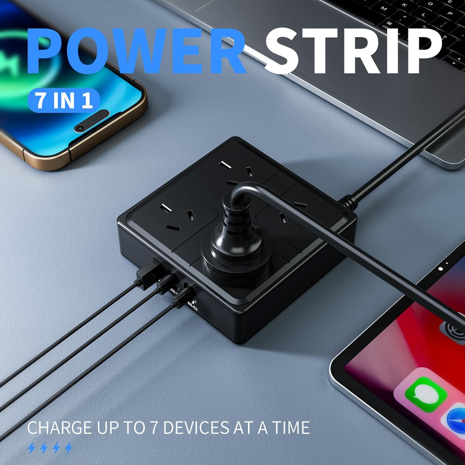 Power Board with USB C, Power Strip with 4 AC Outlets and 3 USB(2 USB C), Surge Protection Power Strip with 1.5M Extension Power Cord for Travel, Office, Dorm Room Essentials (Black) - White image number 3