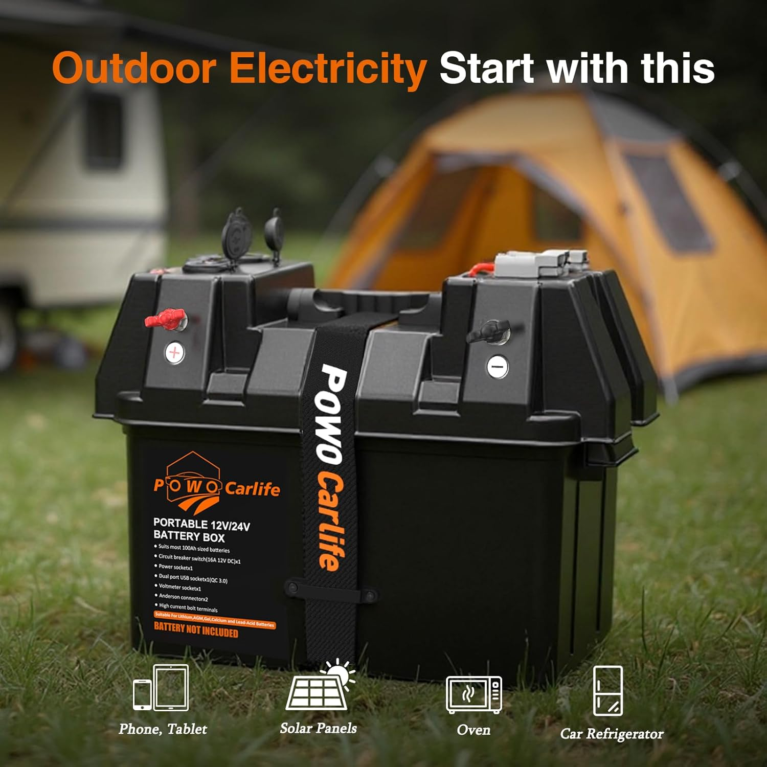 Smart Battery Box Power Center with USB and DC Ports, Group 24-31 Battery Box for RV, Trailer, Boat, Lifepo4, Lithium