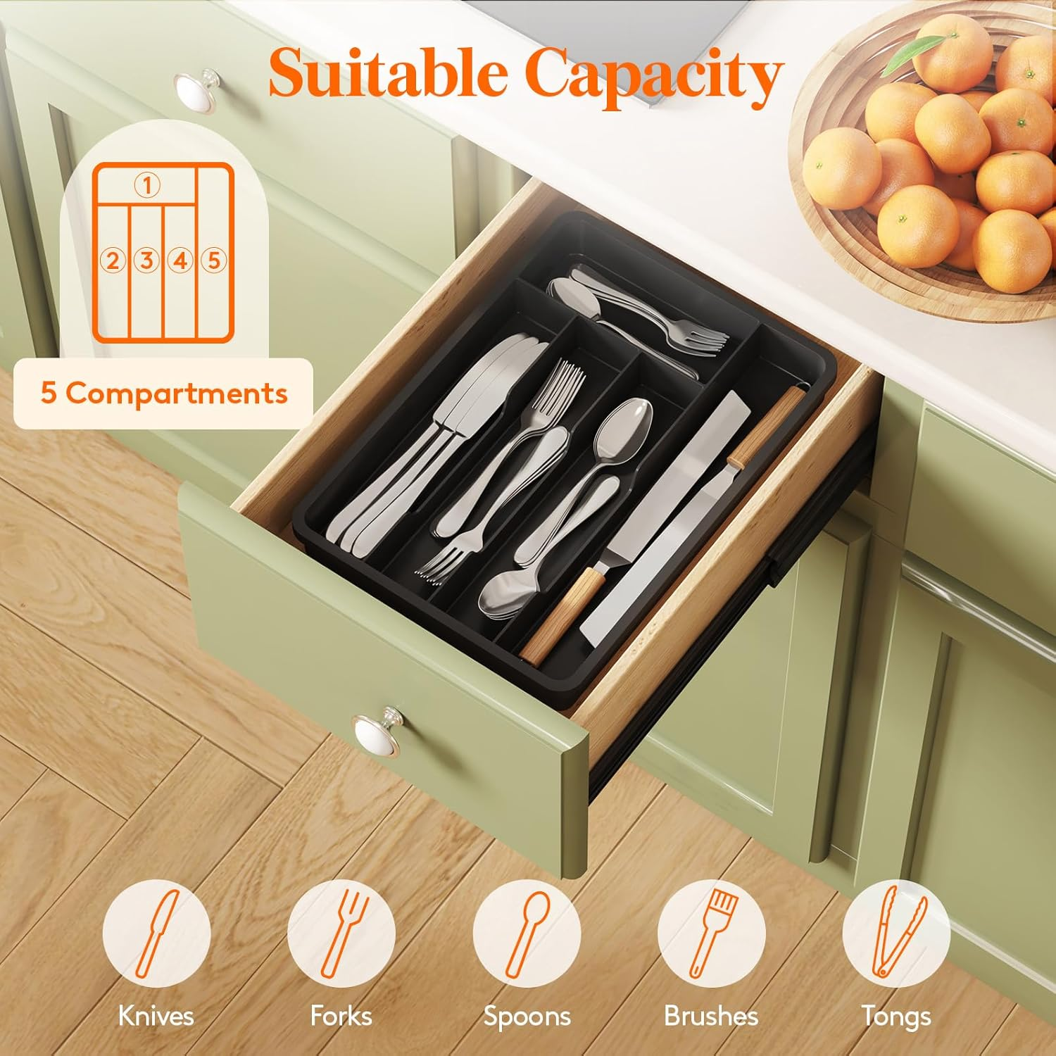 Lifewit Silverware Tray, Deep Wide Cutlery Drawer Organizer Storage for Kitchen, Plastic Flatware Utensil Holder Divider for Spoons Forks Knives Tableware, 5 Compartment, Black