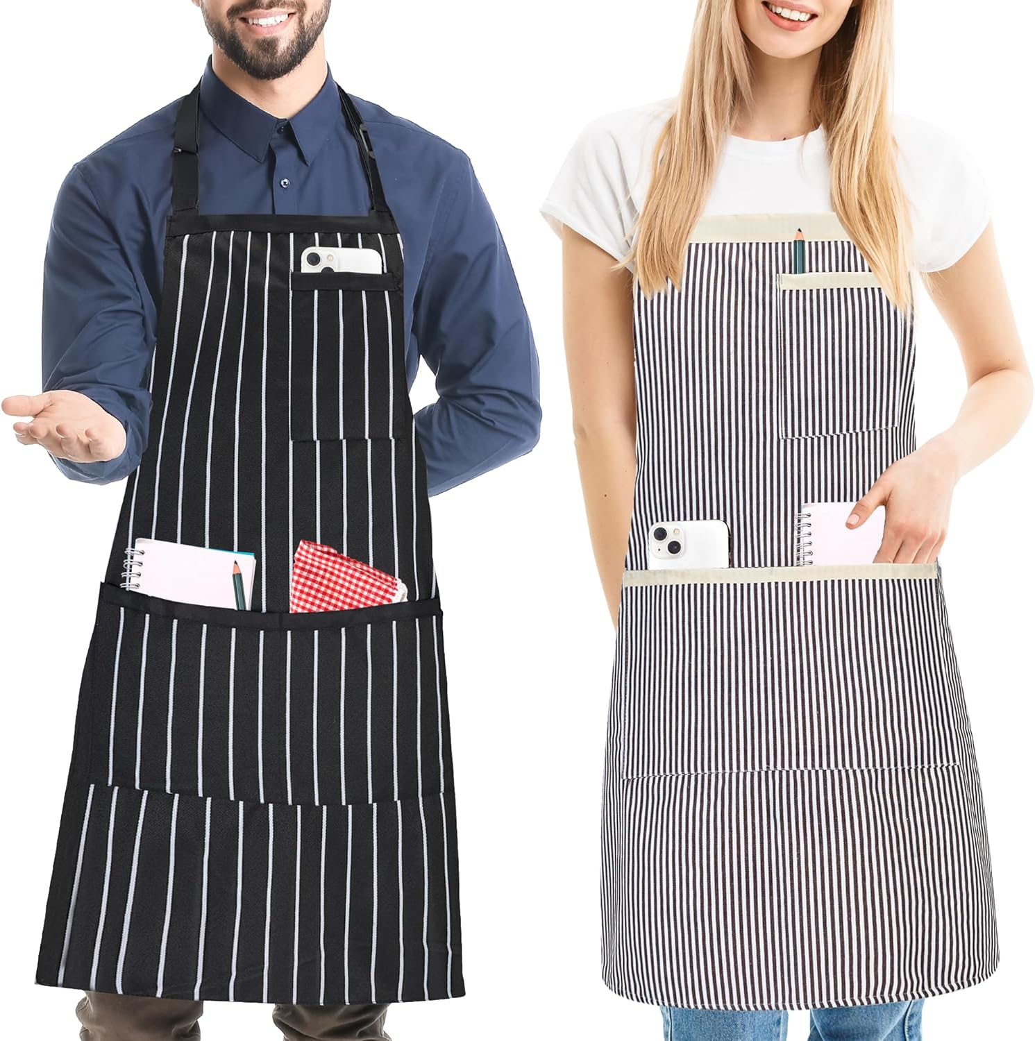 2 Pack Stripe Kitchen Apron, Adjustable Bib Soft Apron with 3 Pockets, Chef Aprons for Men Women, Cooking Aprons for BBQ Painting Gardening Baking Restaurant