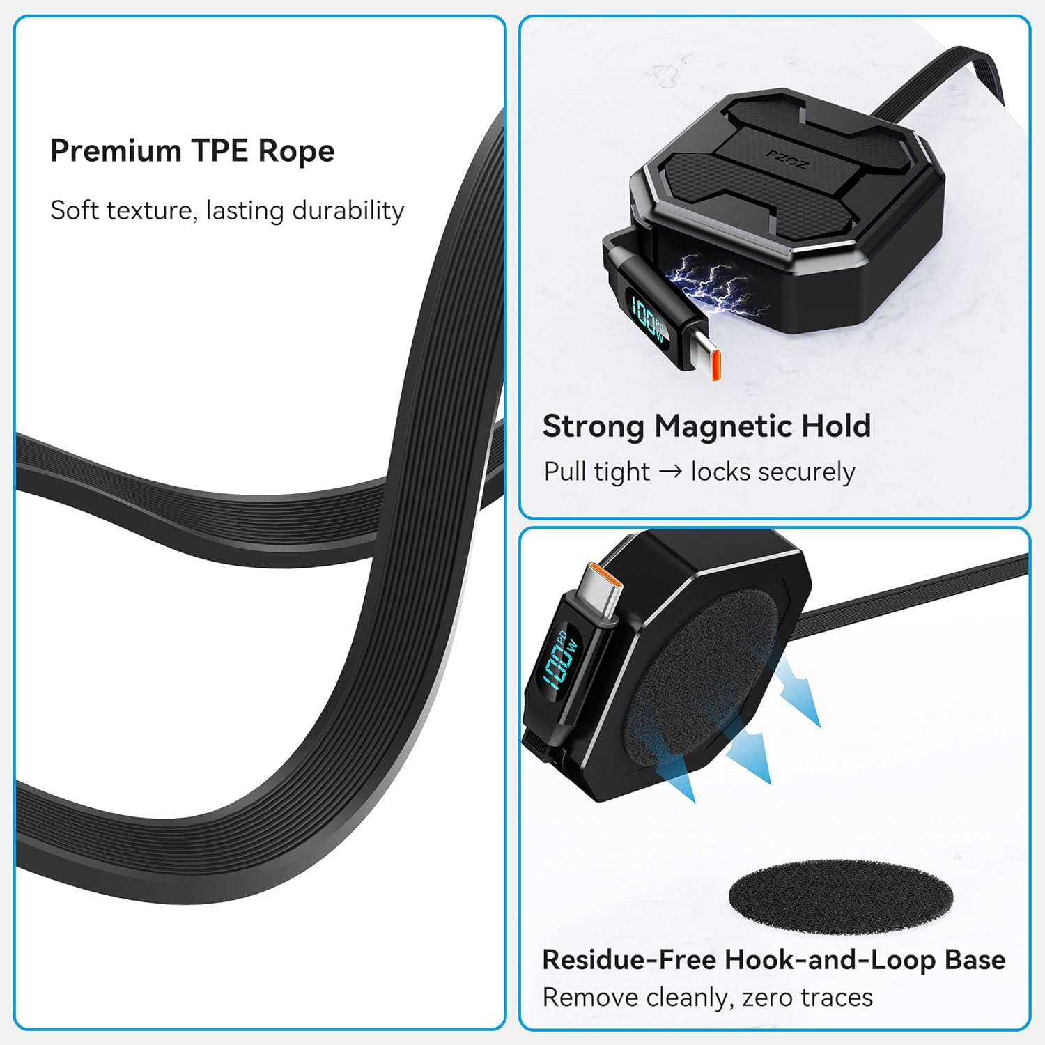 PZOZ 2-In-1 Retractable USB C Cable, 100W Fast Multi Charging Cable with LED Display for Iphone 16 17 Ipad Mac Samsung for Car Carplay, Deskop Cord Orgaiser (USB C to USB C)