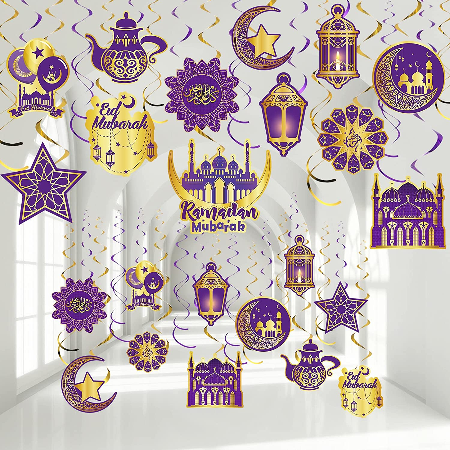 Zonon 30 Pieces Ramadan Mubarak Decorations, Eid Mubarak Hanging Swirl Shining Gold Star Moon Lantern Ceiling Foil Decor for Eid Al-Fitr Party Egyptian Holiday Supplies(Purple and Gold)