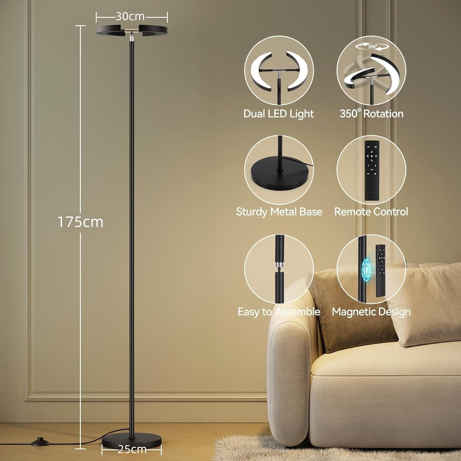 Floor Lamps for Living Room, 28W/1600LM Bright LED Floor Lamp with Remote & 2 Rotatable Lights, Stepless Dimmable 3000K-6000K Rotatable Reading Standing Light for Living Room Bedroom image number 6