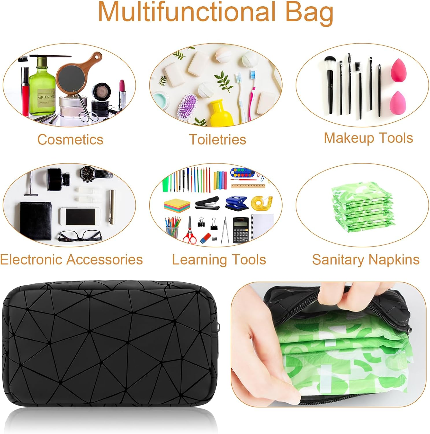 Period Bag for Teen Girls, Leather Sanitary Napkin Storage Bag, Portable Menstrual Pad Bag Period Pads Pouch, Small Make up Bags, Black, Small&Large, Fashions image number 4