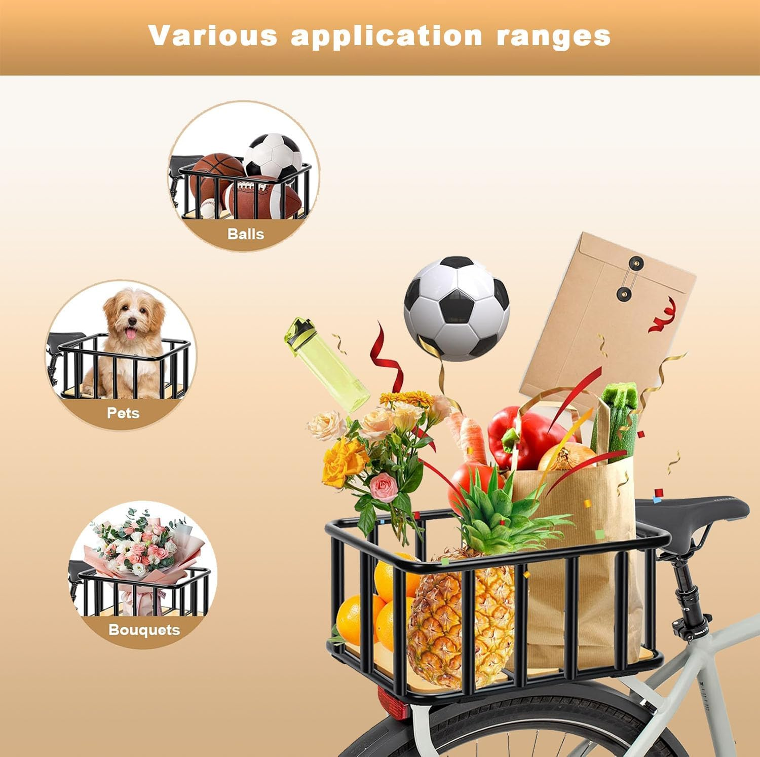 Heavy Duty Rear Bike Basket with Waterproof Cover & Cargo Net - 35X30X17Cm Rust-Resistant Metal Basket, Wooden Base for Bicycles/E-Bikes/Pets