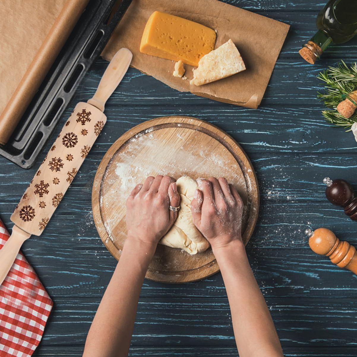 Snowflake Print Rolling Pin Wooden Embossed for Baking Christmas Tree Cookies Scenario image number 2