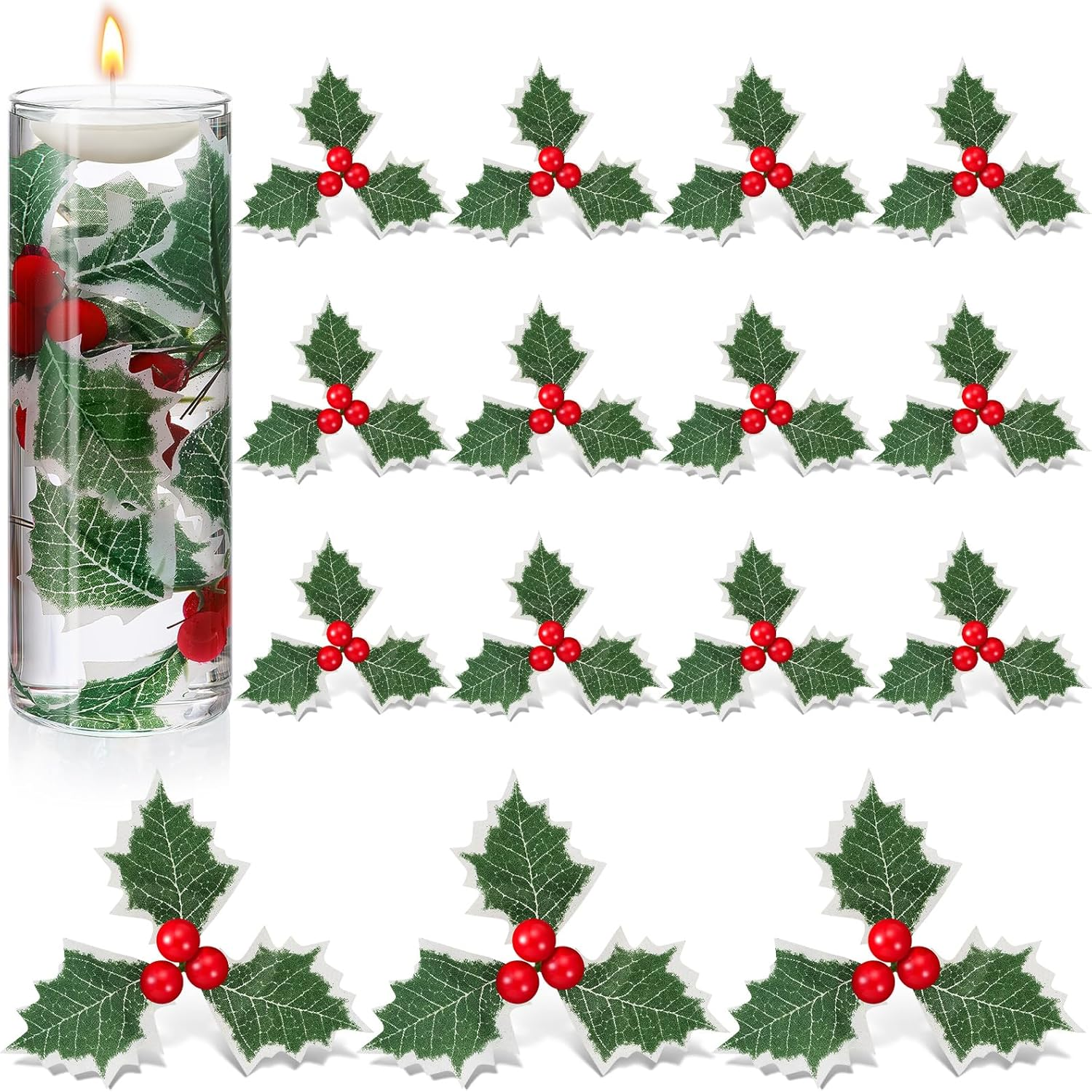 50 Pieces Christmas Holly Berries for Crafts Faux Berries Flowers and Holly Leaves Christmas Wreath Fillers for Vase Fillers Floating Candle Table Centerpiece(Red)