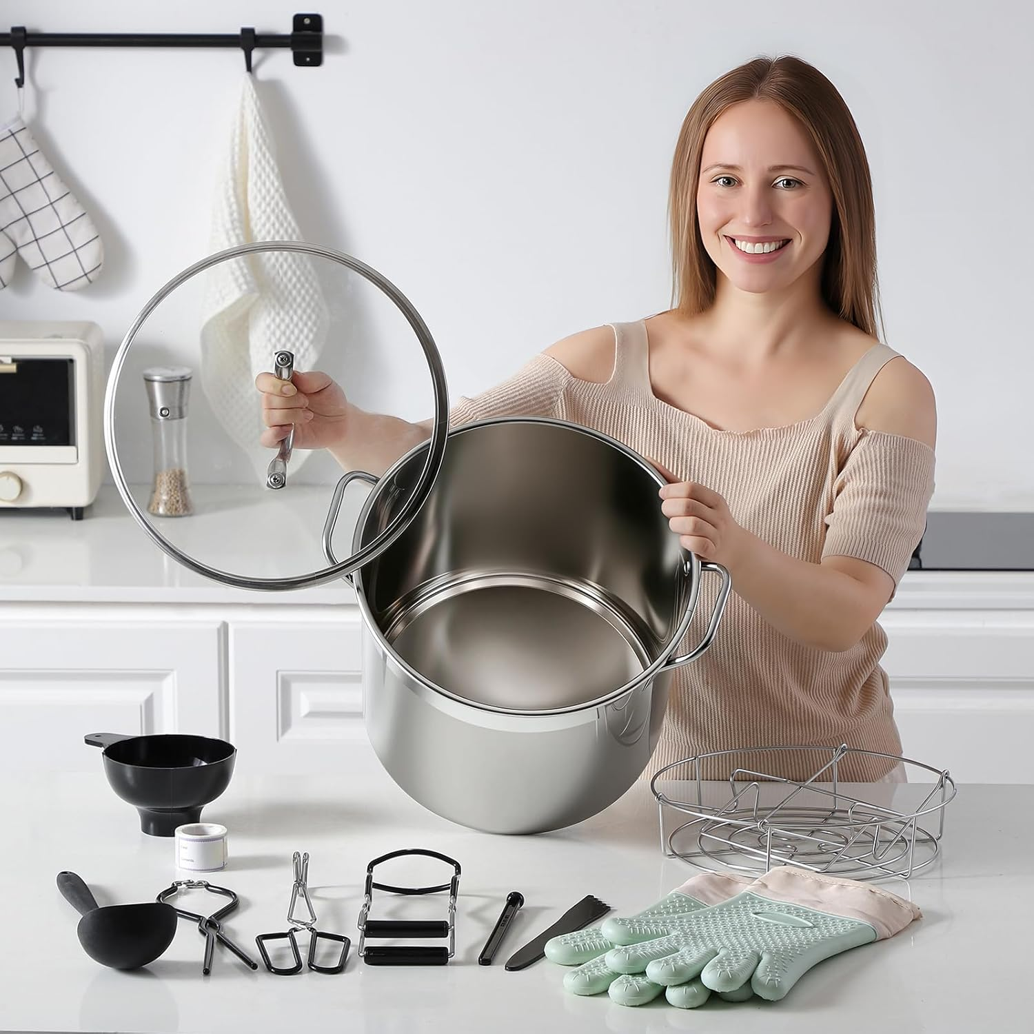 Stainless Steel Canning Pot with Rack and Lid, Large Water Bath Canner, Full Home Canning Supplies Starter Kit, Compatible with Induction and Glass Top Stoves (19L, Black) A1 image number 4