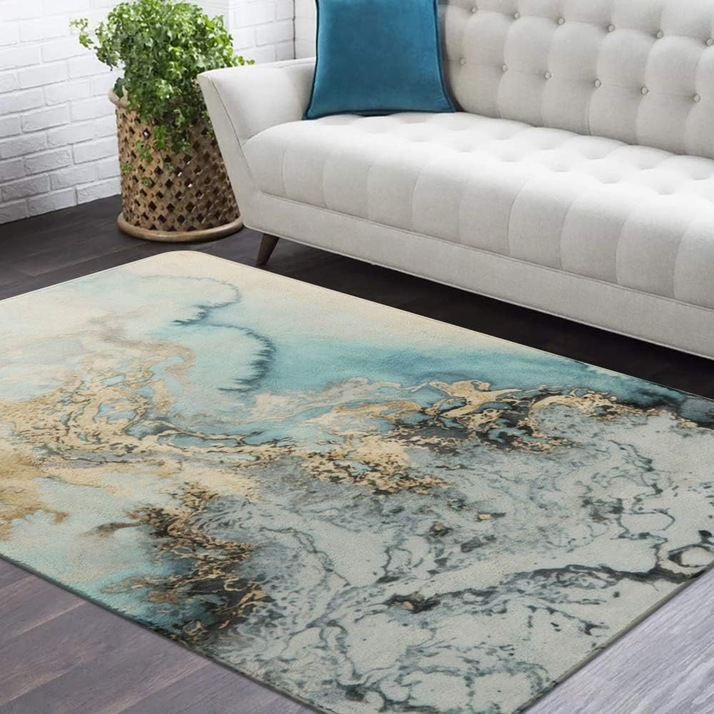 Lahome Marble Pattern Area Rug - 3' X 5' Faux Wool Non-Slip Area Rug Accent Distressed Throw Rugs Floor Carpet for Living Room Bedrooms Laundry Room Decor (3' X 5', Blue) image number 1