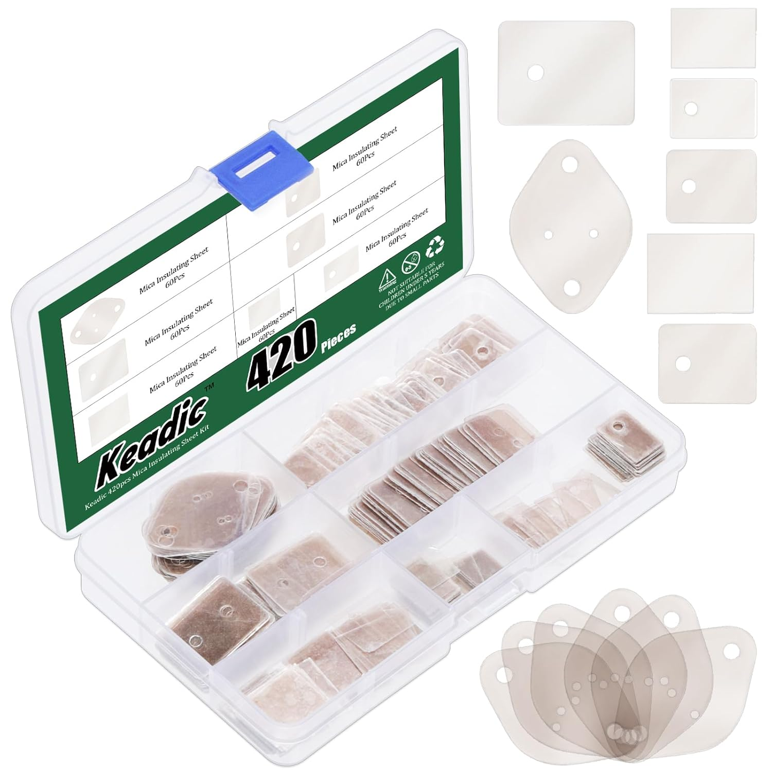 Keadic 420Pcs 7 Style Mica Insulating Sheet Assortment Set, TO-220, TO-3P, TO-3P11, TO-3PL, To-3 Transistor Insulator Pads Thermal Insulation Repair Parts for Lighting Electronics