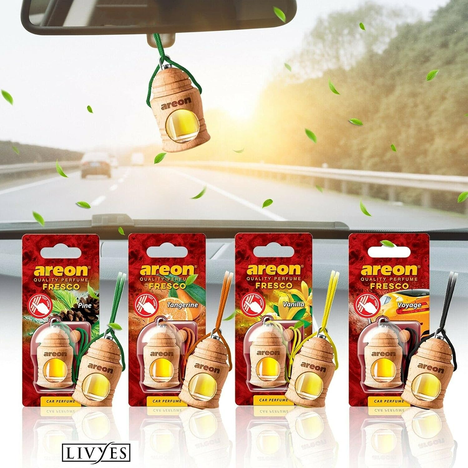 AREON Fresco Hanging Car Air Freshener - Natural & Woody Scent, 40-50 Days Long-Lasting Fragrance - Diffuser in Wood Pendant Housing - Automotive Accessories & Essentials - 3 Pack Mixed Assorted