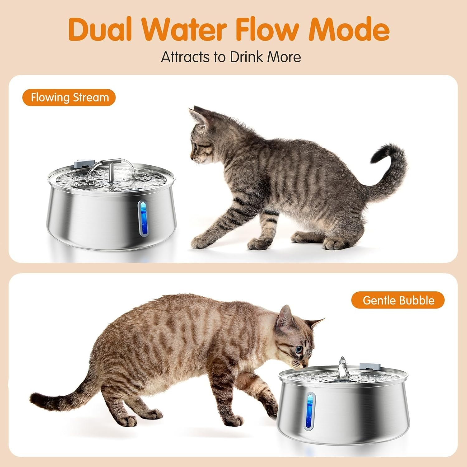 CLAMORA 4L Automatic Stainless Steel Cat Water Fountain with LED Water Level Window | Ultra-Quiet Pump, 304 Food-Grade, Dual Flow Modes | Dog & Cat Dispenser for Multiple Pets image number 5