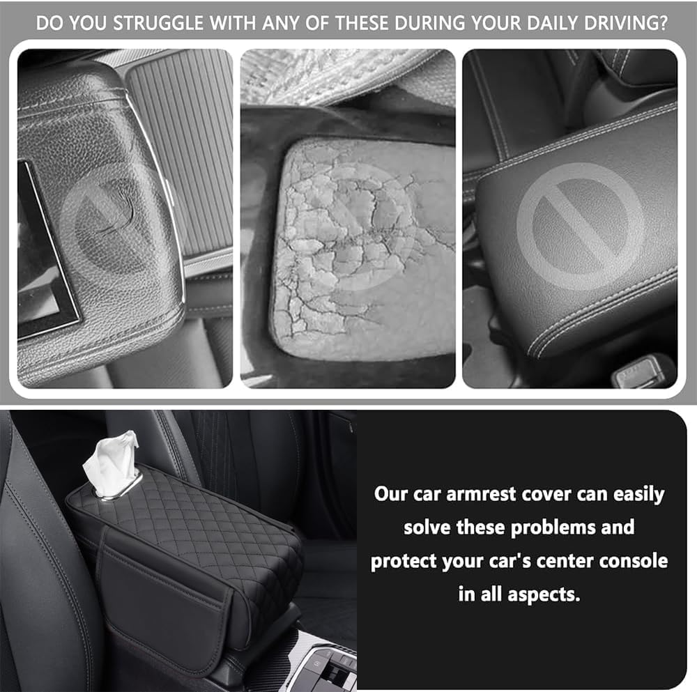 1 Pcs Memory Foam Car Armrest Cushion, Leather Car Armrest Box Pad, New Car Center Console Cushion, with Pocket and Tissue Box for Most Cars Black New Car Center Console Cushion