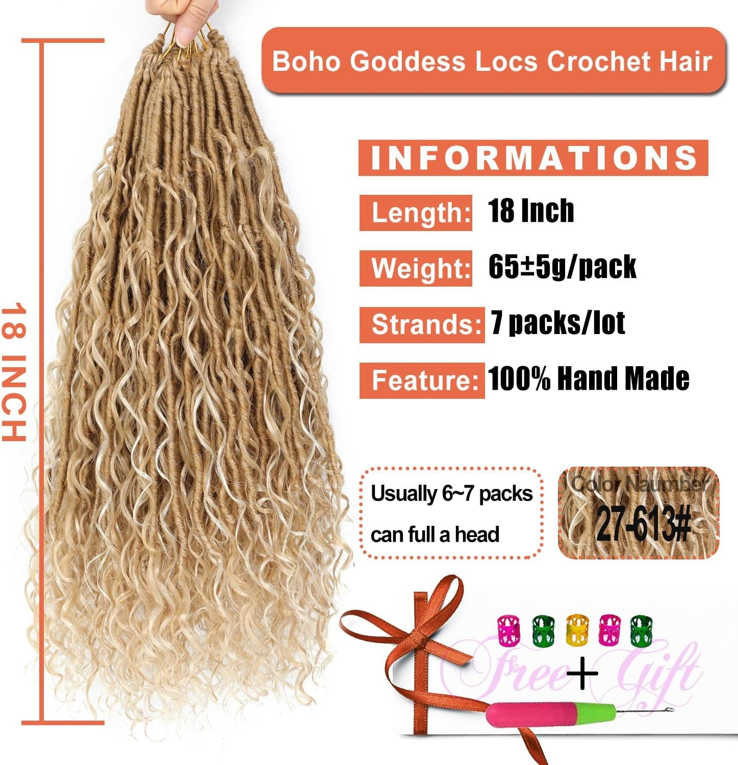 Goddess Locs Crochet Hair 18 Inch 7 Packs Bohemian Goddess Faux Locs Crochet Hair Pre Looped Boho Soft Locs Synthetic Braids Hair Extensions for Women (27/613#, 18 Inches) image number 3