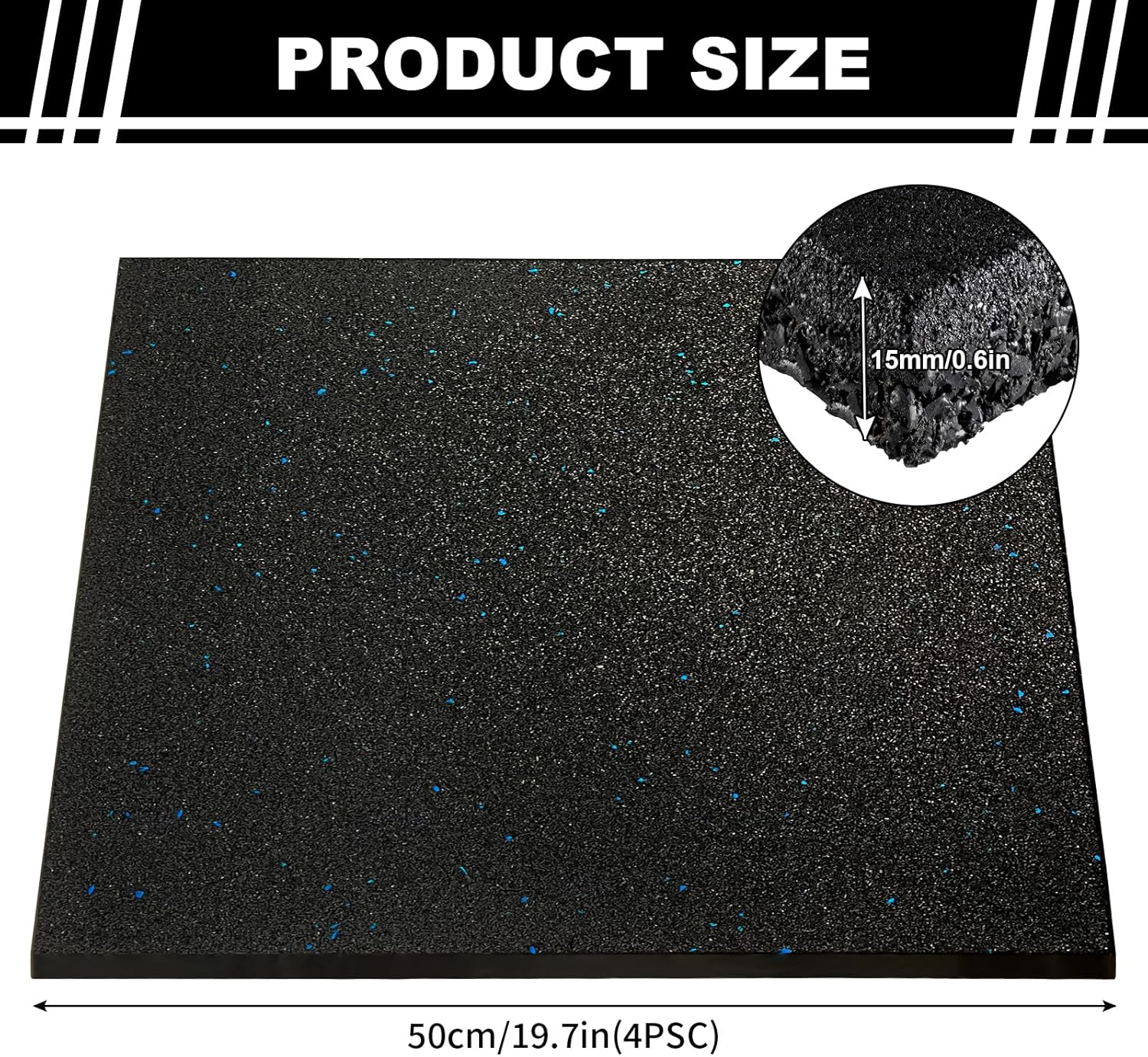15MM Thick Gym Mat Flooring, 4 Pcs 50Cm X 50Cm High Density Rubber Exercise Gym Mats, Workout Equipment Ground Mats, Noise Shock Absorbing Surface for Home Gym Garage Floor Tiles (Black Blue Dots) image number 2