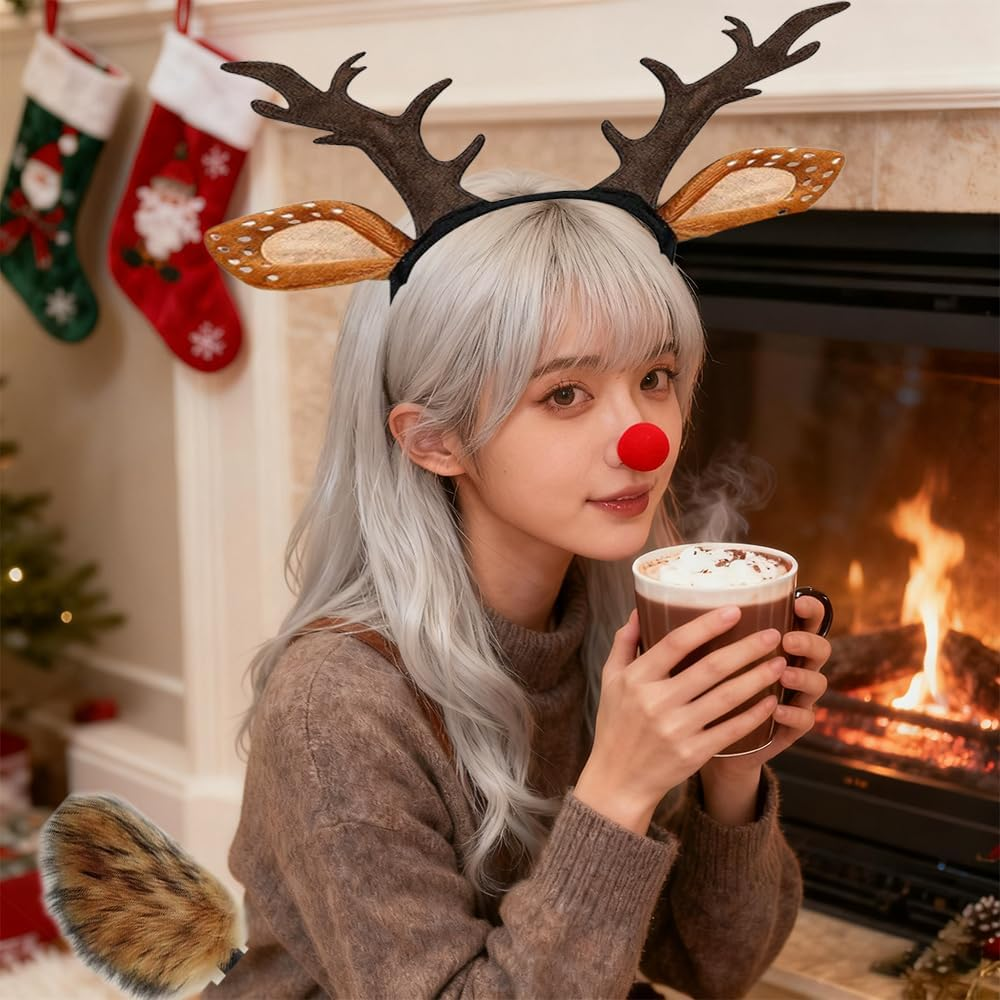 Christmas Reindeer Antlers Headbands with Red Nose and Tail Set Deer Antlers Headband Christmas Reindeer Ears Headband for Xmas Party Favors Cosplay Costume Supplies image number 3