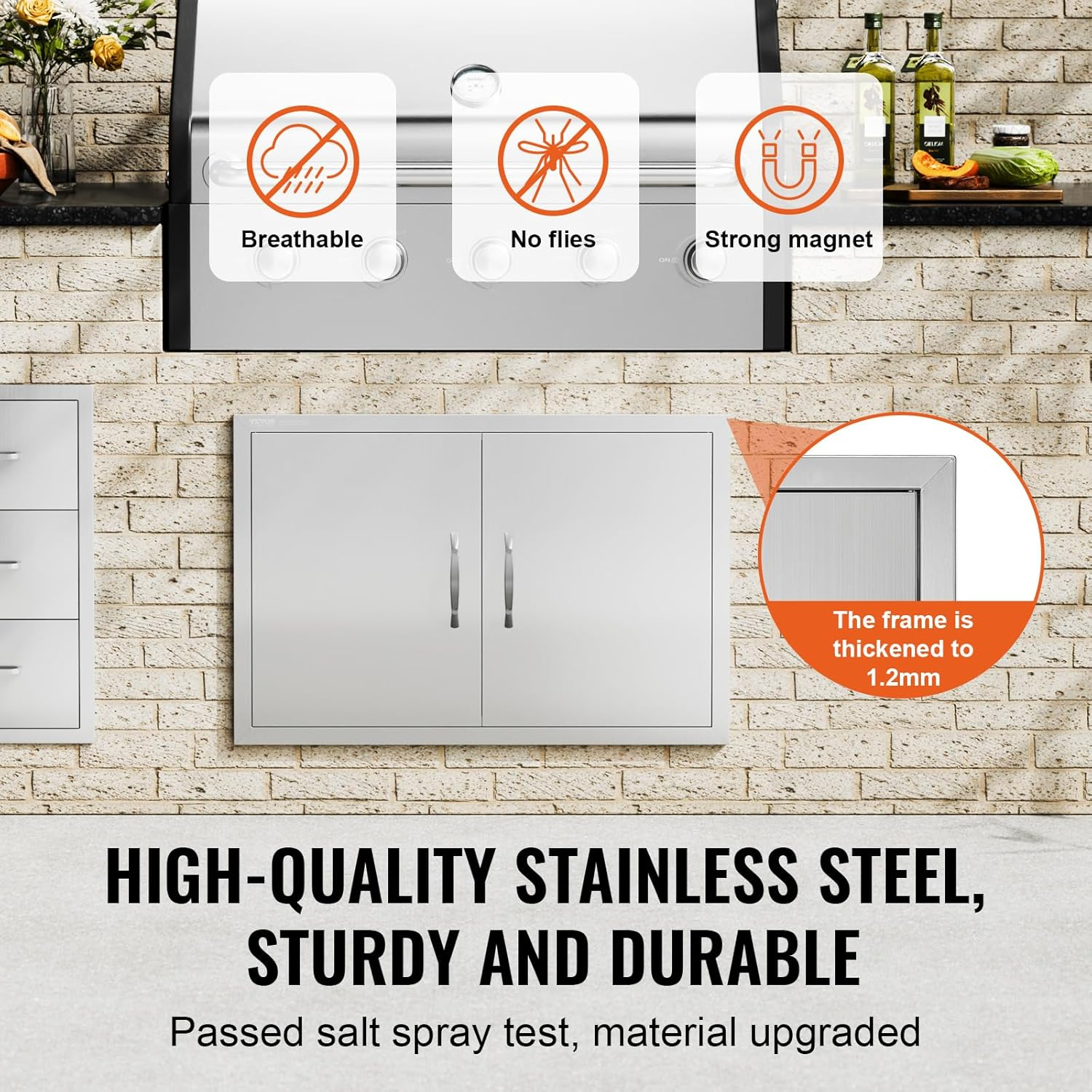 VEVOR BBQ Access Door, 838X558 Mm Double Outdoor Kitchen Door, Stainless Steel Flush Mount, Wall Vertical with Handles, for BBQ Island, Grilling Station, outside Cabinet image number 6
