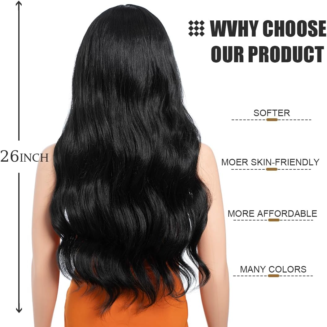 26 Inch Long Wavy Wigs for Women Black Wig with Bangs Ombre Brown Wig with Dark Roots Long Layered Heat Resistant Synthetic Natural Looking Wigs for Daily Party Use (1B)