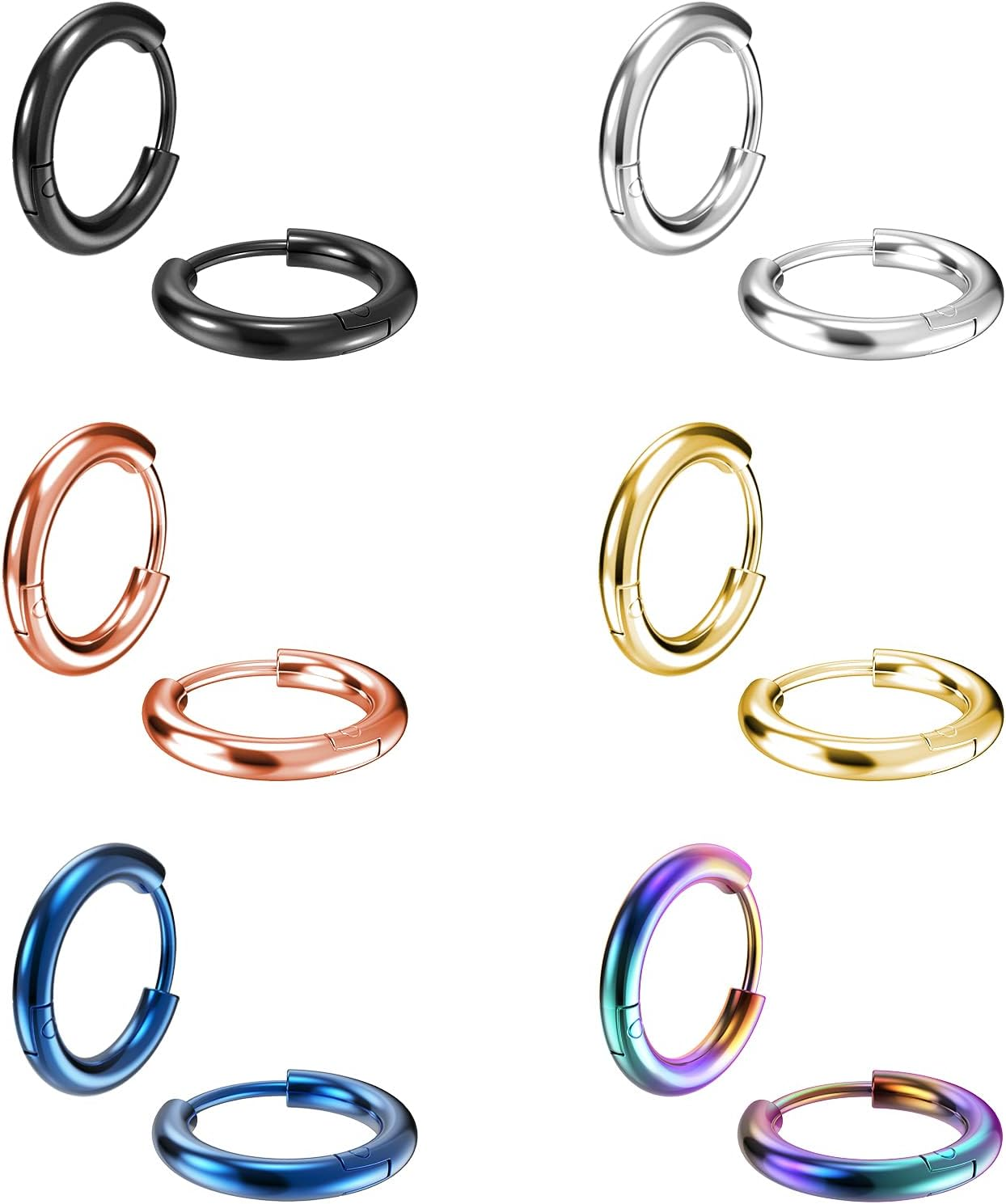 316L Surgical Stainless Steel Small Hoop Earrings 8Mm 10Mm 12Mm 14Mm Hypoallergenic Huggie Hoop Earrings Helix Lobes Hinged Sleeper Earrings Men Women for Cartilage Piercings