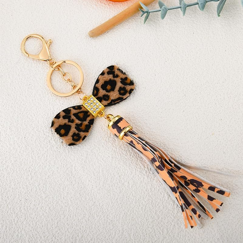 Vintage Rhinestone Leopard Tassel Keychain for Purse Bag Charms for Backpack Handbags Keychains Glitter Leopard Print Bow Keychain for Car Keys Chain Cute Bow Y2K Accessories Women Girls Trendy image number 6