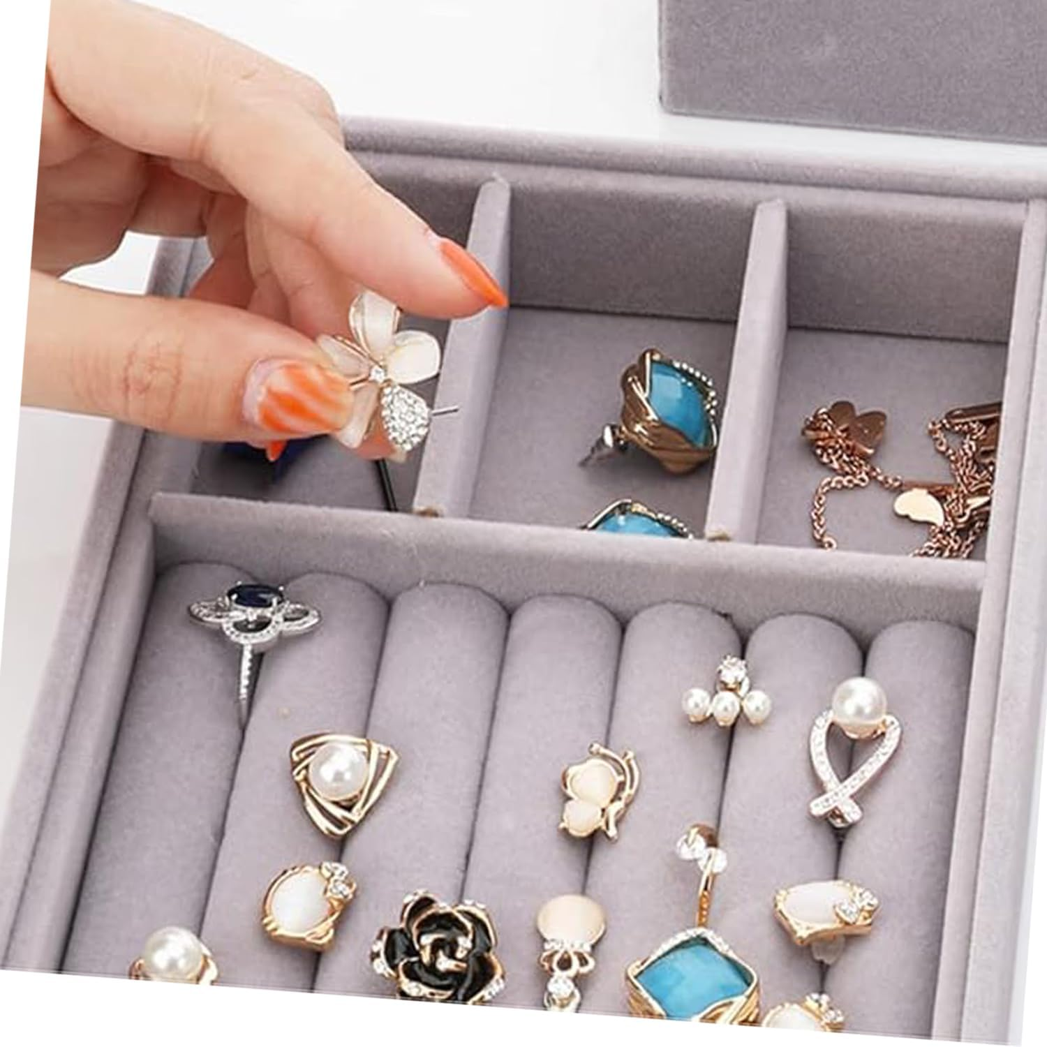 WEZCHUGHAOL Velvet Jewellery Storage Trays, Set of 6, Stackable Organiser for Drawers, Grey image number 1