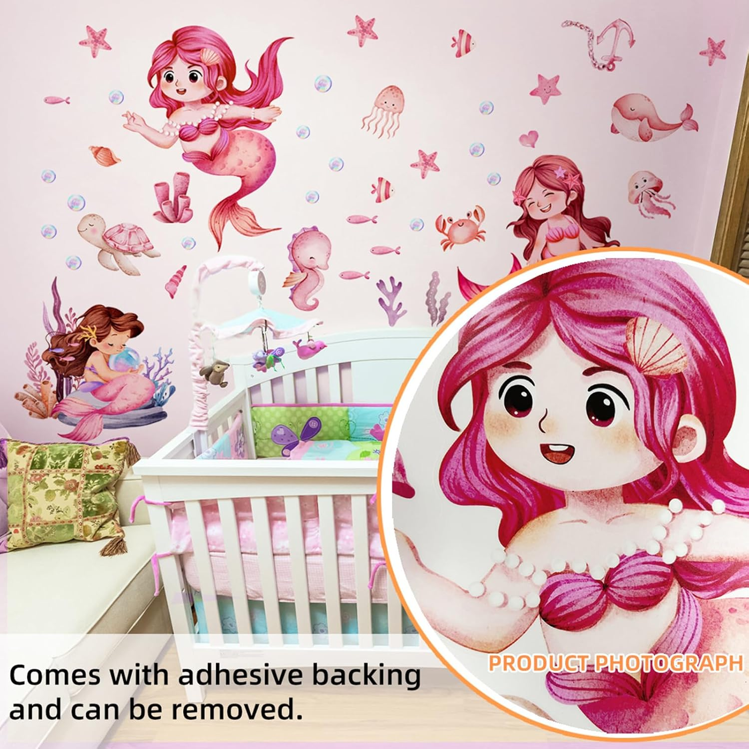 Mermaid Wall Decal Mermaid Fish Wall Stickers under the Sea Marine Fish Whale Turtle Seaweed Grass Bubble Wall Stickers - Bathroom Baby Kids Nursery Girls Bedroom Daycare Wall Decor image number 2