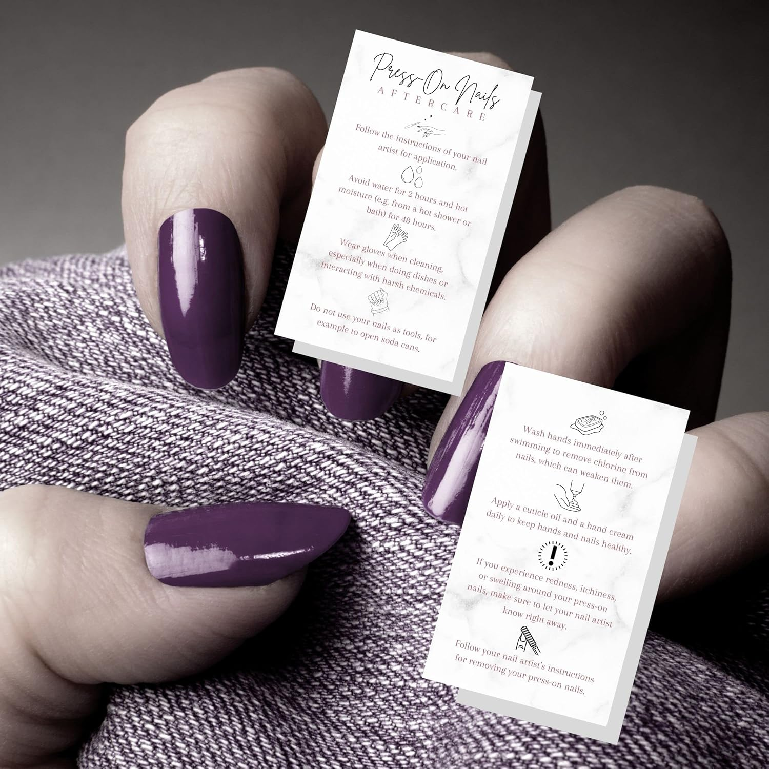 Press-On Nail Aftercare Cards | 50 Pack | 2X3.5" Inch Business Card Size | Add to Your DIY Press-On Nail Kit | Marble Design image number 6
