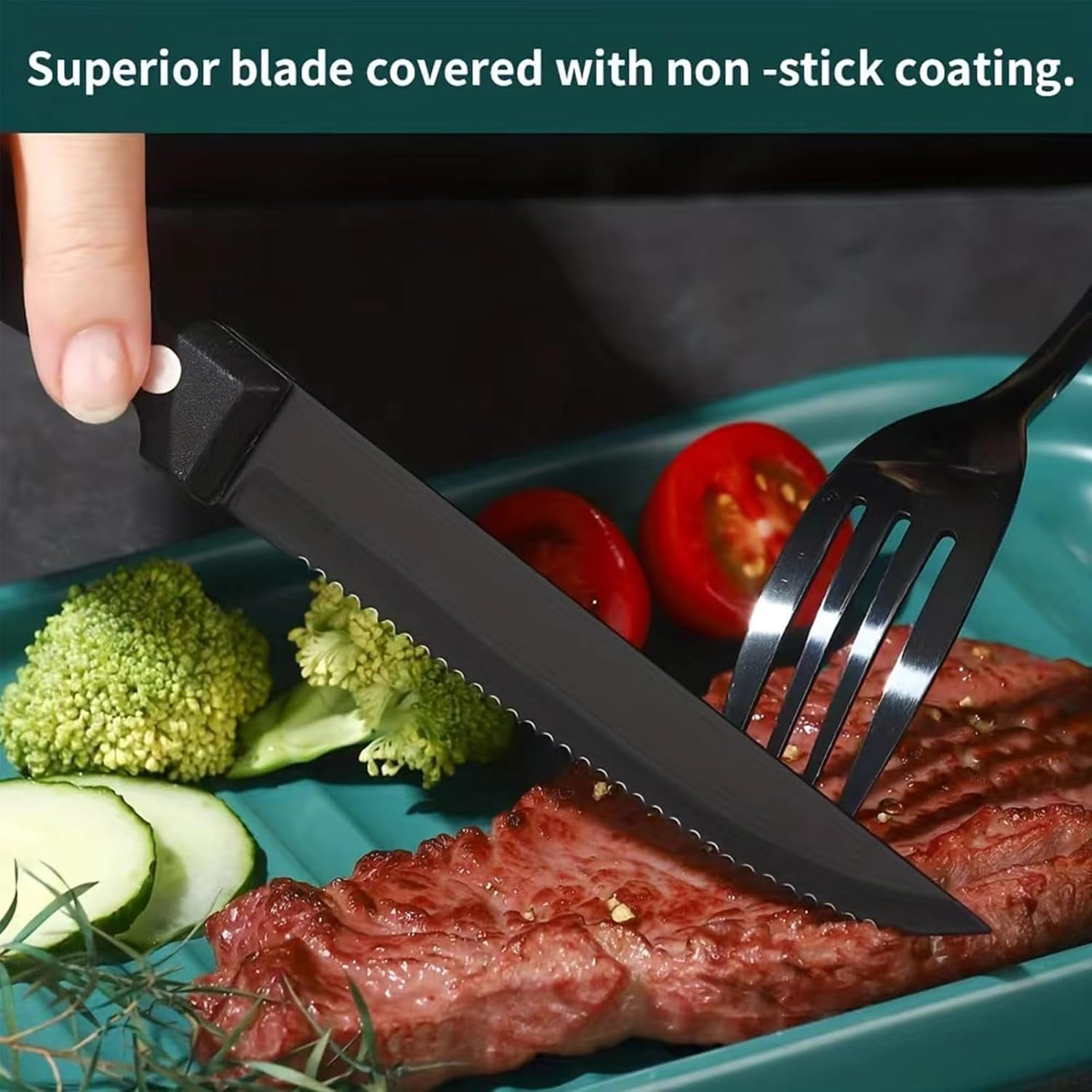 Steak Knives Serrated Set of 6, Stainless Steel Steak Knife Set, Restaurant Quality, Stainless Steel, 4.25-Inch, Sharp Tip (Elegant Black) image number 3