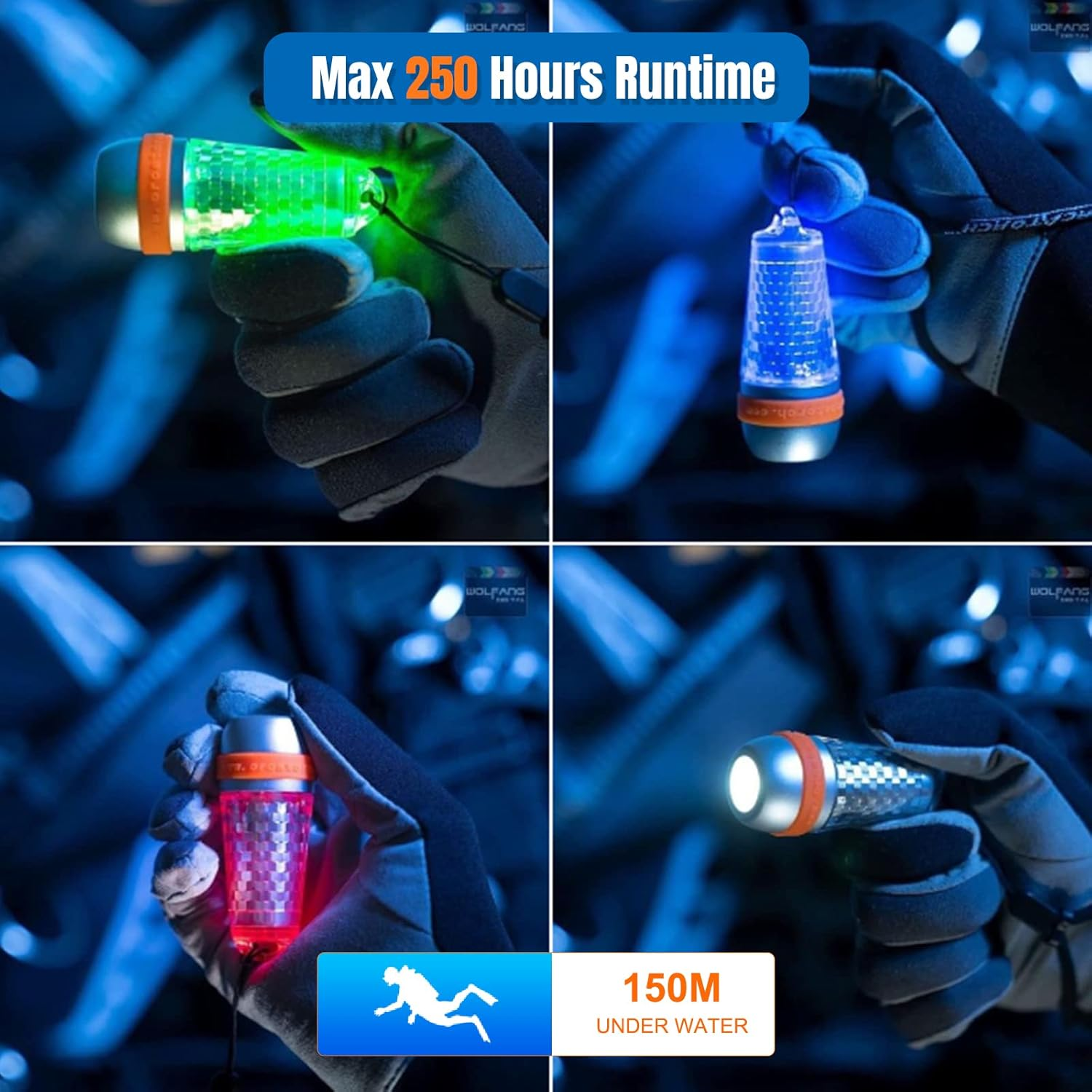 ORCATORCH SD03 Dive Beacon 4-Color-In-1 (Blue, Red, White, Green) 8 Modes Scuba Diving Signal Light with Constant Light or Flashing Mode Night Dive LED Marker Light, for 150M Underwater Diving image number 1