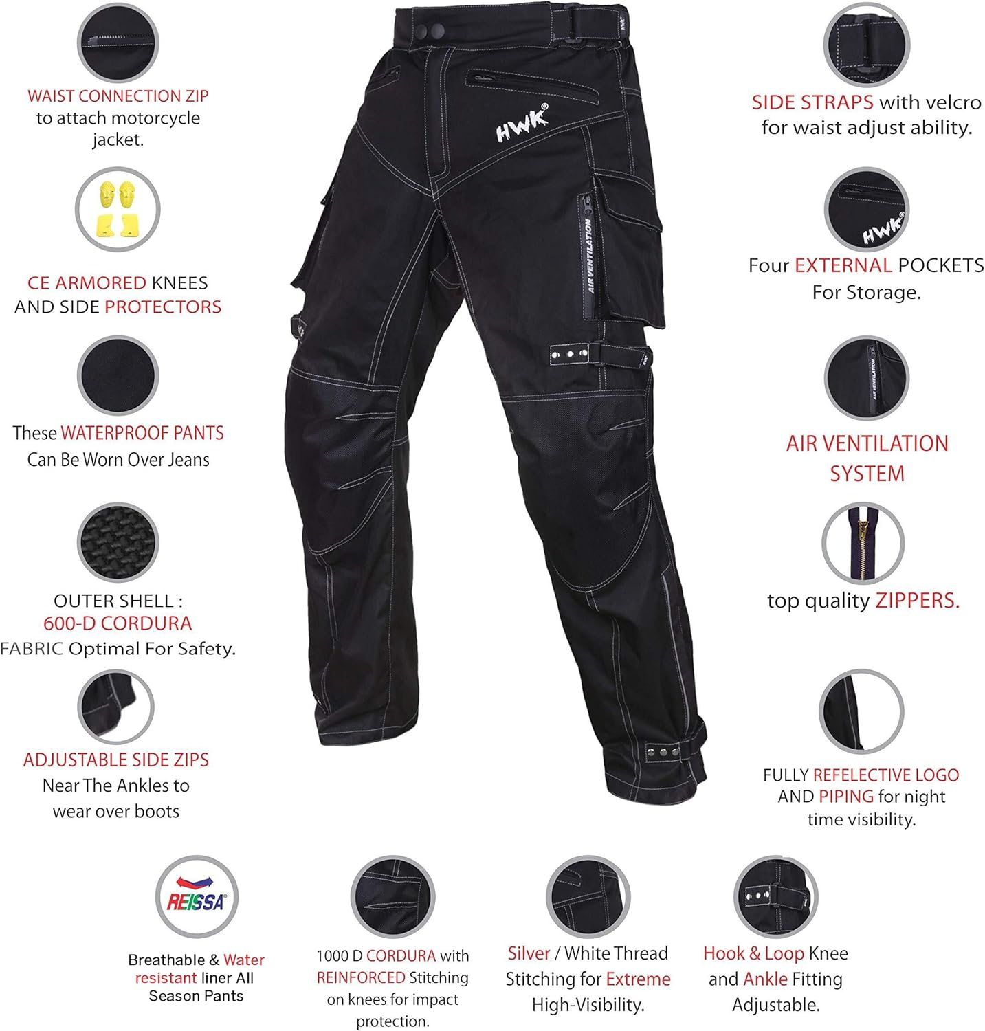 HWK Dual Sport Motorcycle Pants for Men with Water Resistant Cordura Textile Fabric & Impact Protection Armor image number 6
