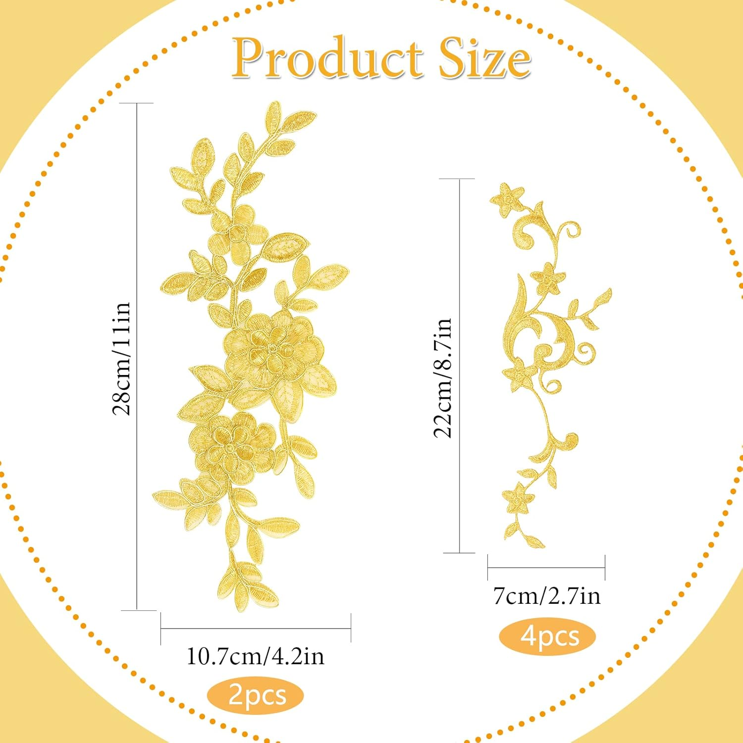 UHOMENY Gold Lace Flower Embroidery Patch, 6 Pieces Blossom Fabric Flower Gold Applique Leaves Vines Iron on Patches Sewing Craft Decoration Lace Appliques for Wedding Prom Dress DIY Clothing Jean image number 1