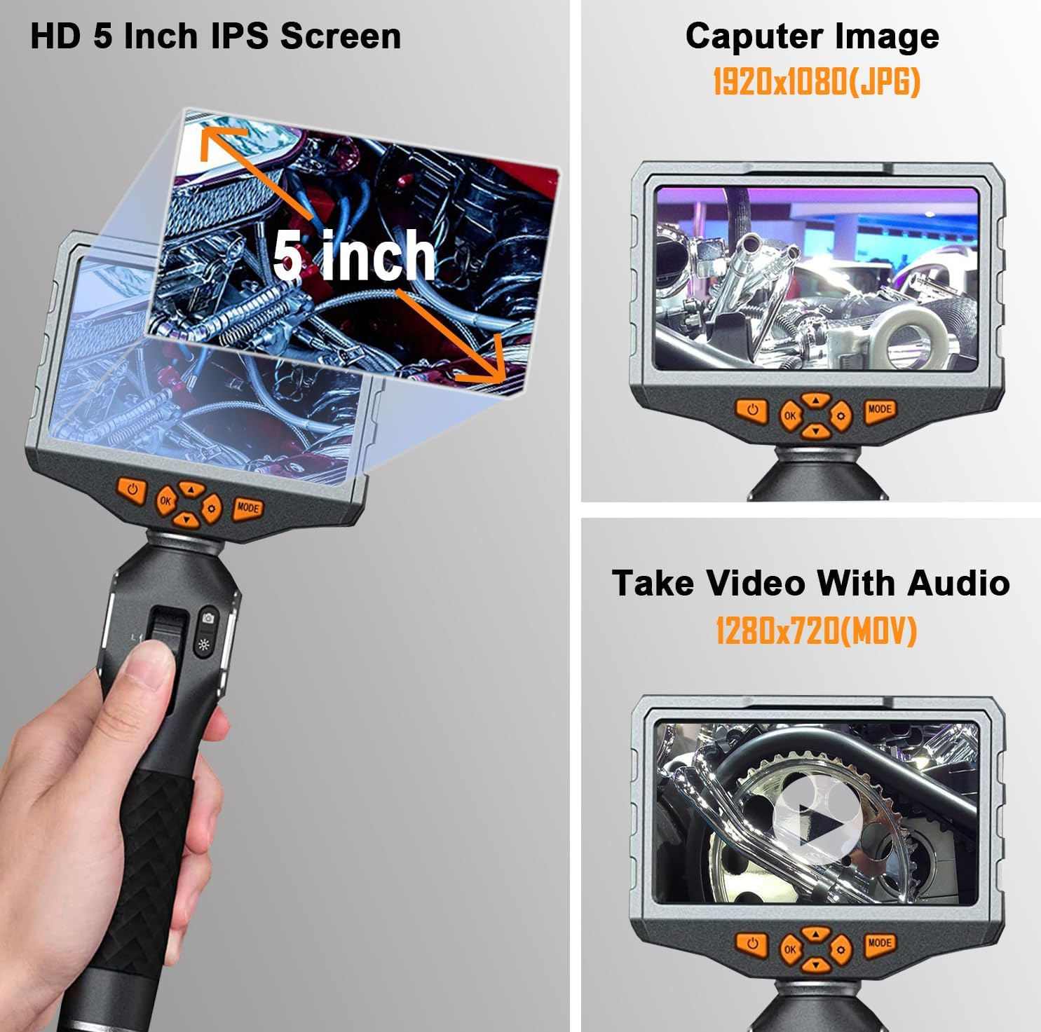 Articulating Borescope, TD500 8.5Mm Video Endoscope Inspection Camera with 5 Inches IPS Screen, Two-Way Articulation Probe, Fiber Optic Videoscope for Automotive Aircraft Mechanics (5Ft, 0.33Inch) image number 4