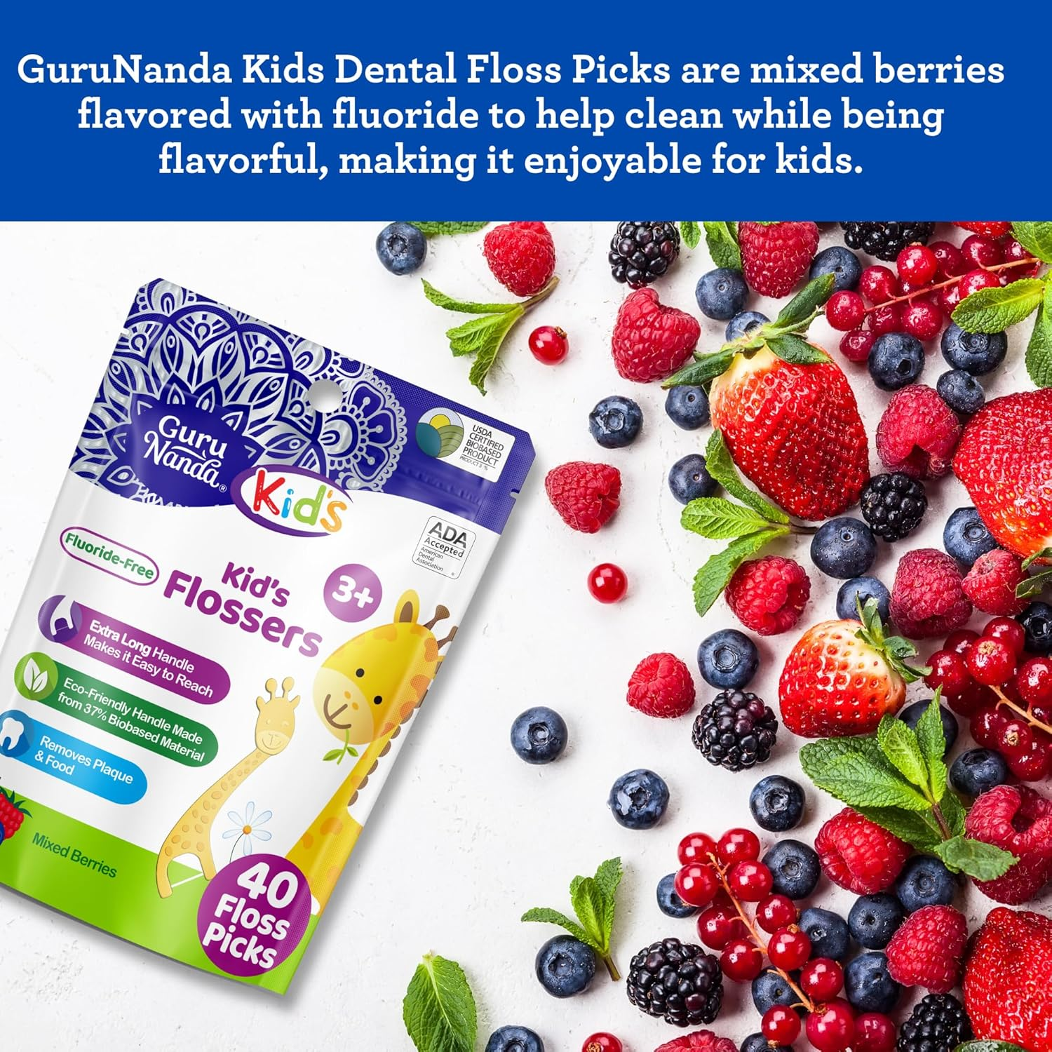 Gurunanda Dental Floss Picks for Kids, Extra-Long Giraffe-Shaped Picks with Fluoride, Anti-Slip & Shred-Resistant Design & Eco-Friendly Handle & Berry Flavor, Ideal for Ages 3+, 40 Count (Pack of 1) image number 4