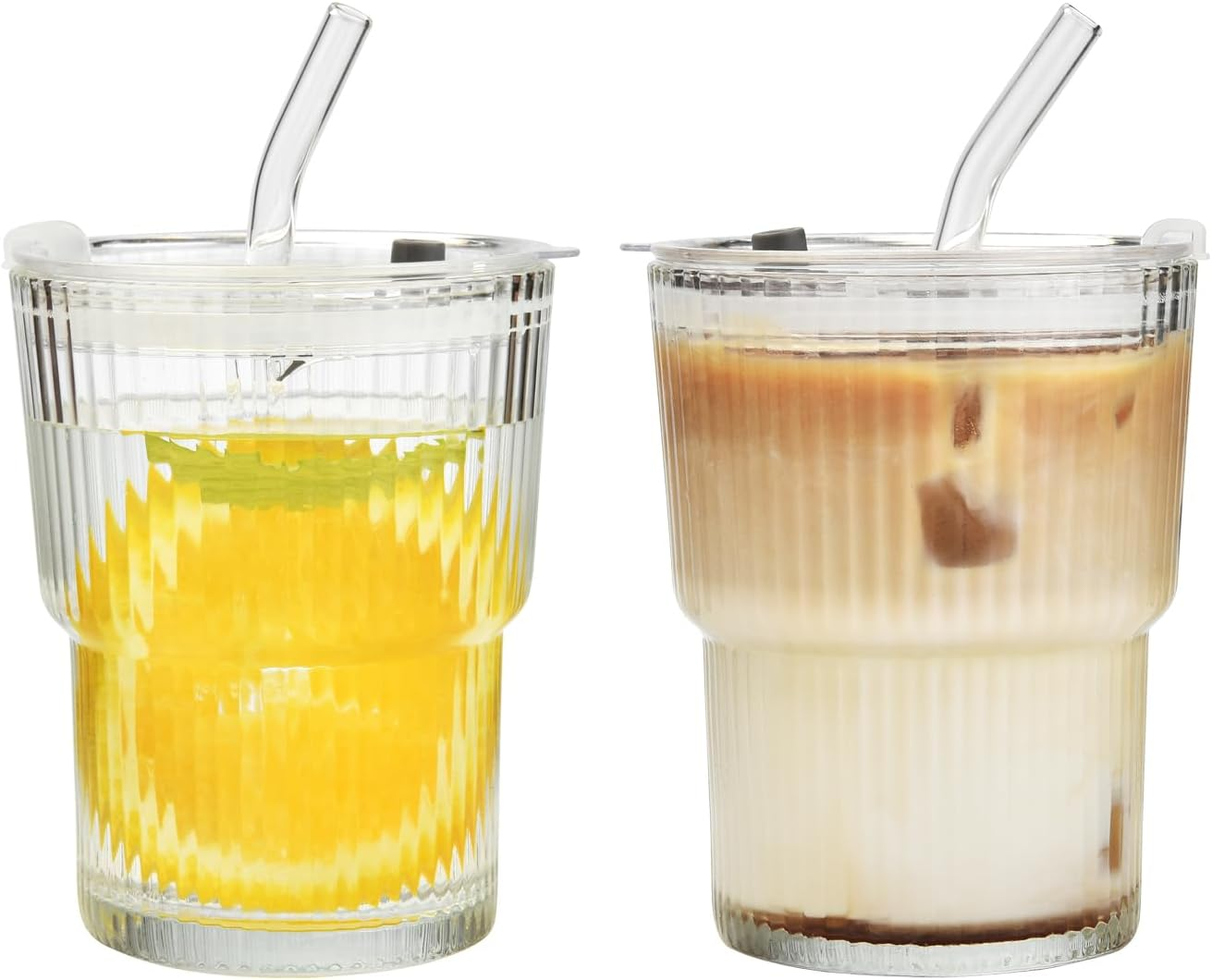 14Oz Glass Tumblers with Lids and Straws, Set of 2 - Stylish Ribbed Design Drinking Glasses for Iced Coffee Cups, Juice, Smoothies, Cold Beverages, Includes Cleaning Brush, Durable Glassware