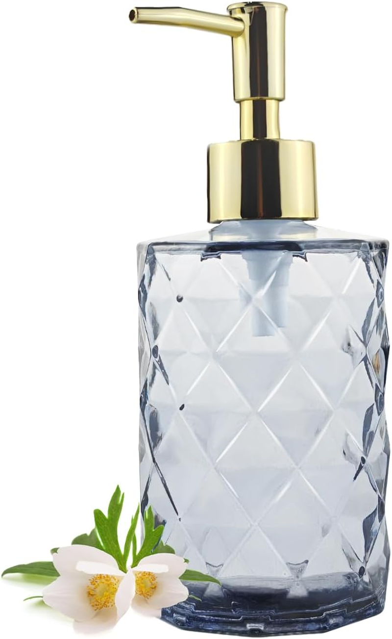 Pink Glass Hand Soap Dispenser with Gold Plastic Pump, Liquid Lotion Dispenser for Bathroom, Dish Dispenser Bottle for Kitchen Sink