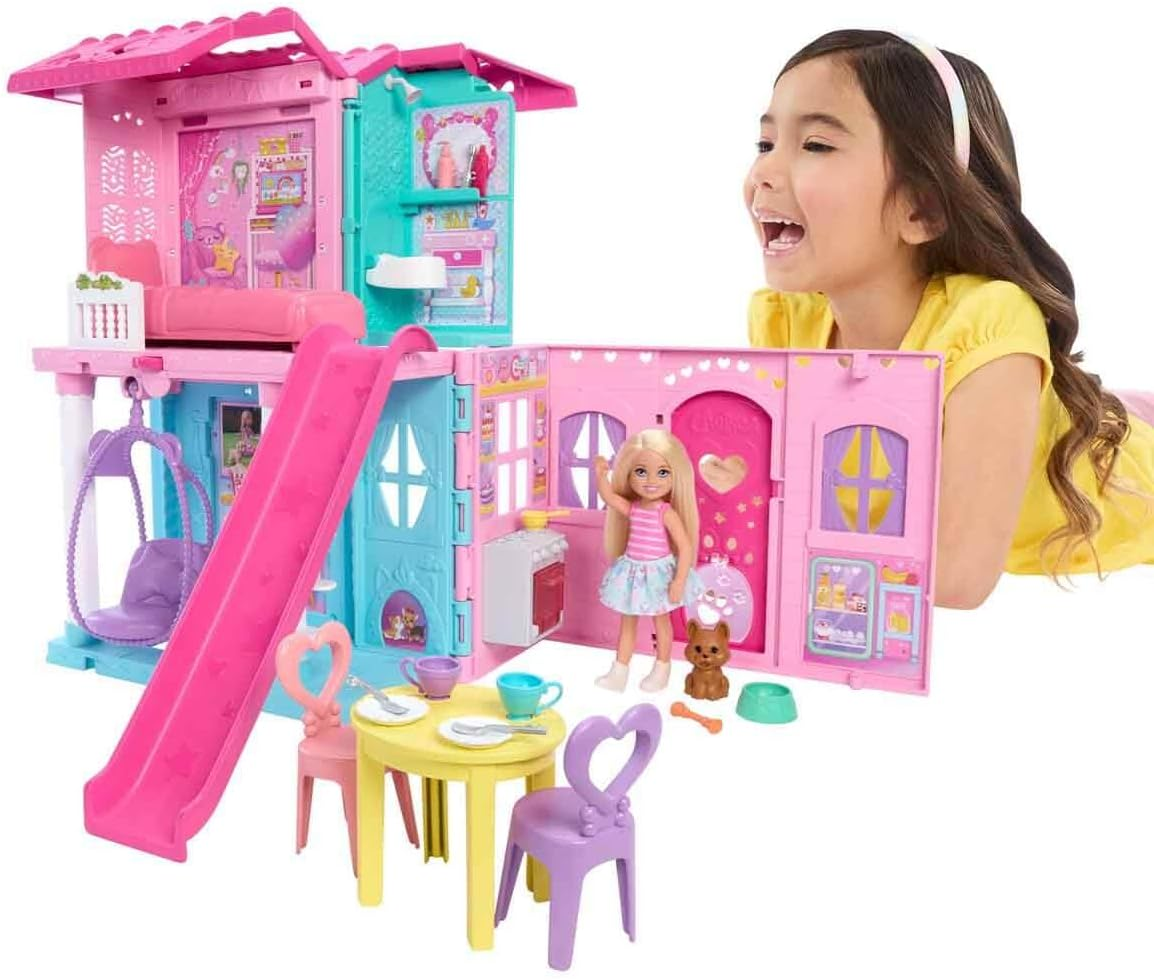 Barbie Chelsea Toy Dollhouse with 15+ Accessories, Pop-Up House Expands to 17+ X 13+ Inches with 5 Play Areas & Slide, Includes Small Doll & Pet Dog image number 1